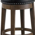 Drue 24 Inch Set Of 2 Swivel Counter Stools, Brown Wood Black Faux Leather Black Brown Wood Fabric