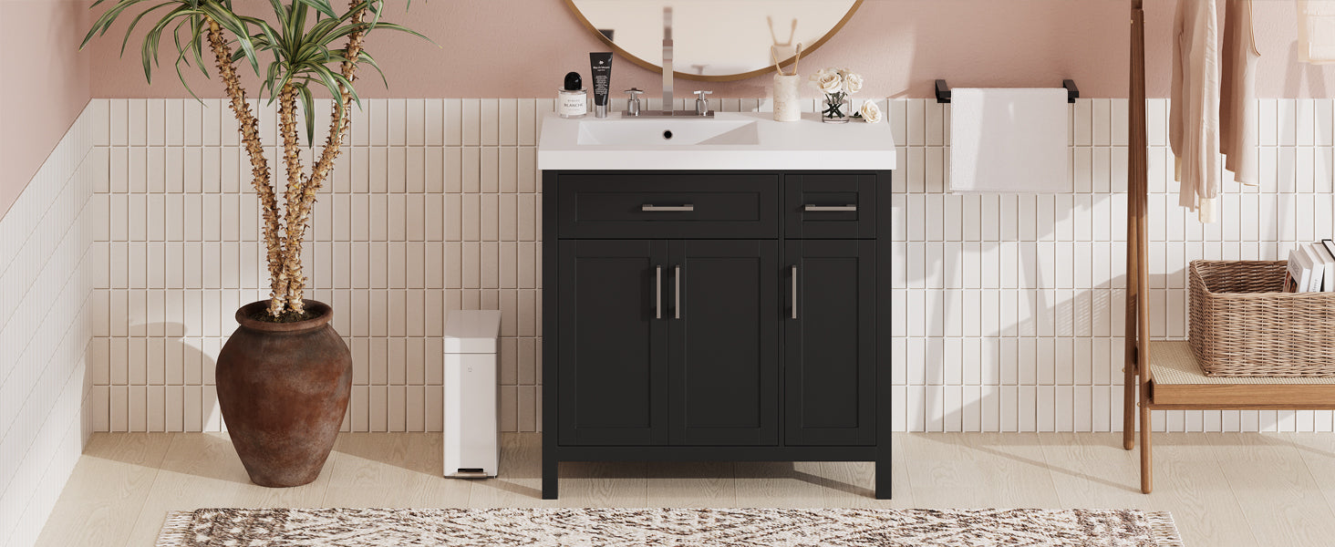 36" Black Bathroom Vanity Cabinet With Resin Integrated Sink 2 Drawers, 3 Doors Black Bathroom Solid Wood Mdf Resin