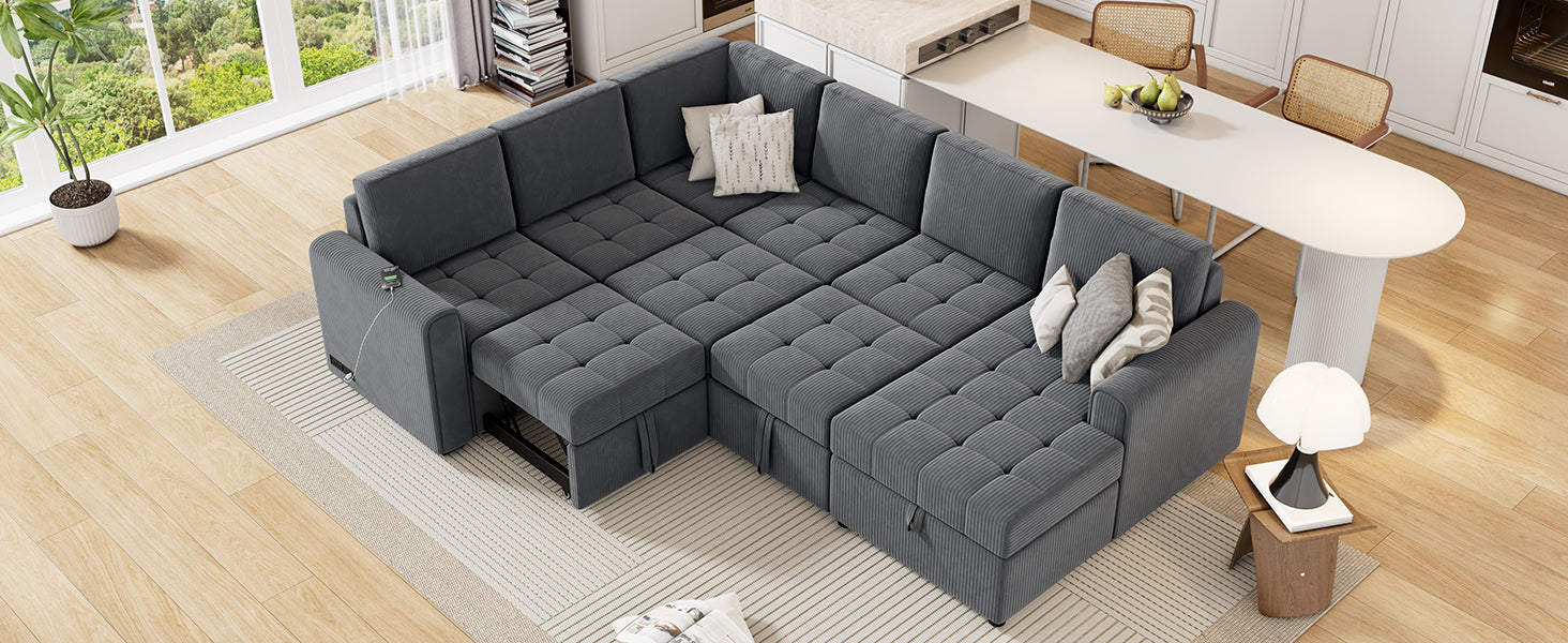 107.5" U Shaped Sofa Sectional Sofa Pull Out Sofa Bed With A Storage Chaise Lounge, Charging Devices For Living Room, Gray Gray Foam Corduroy 5 Seat