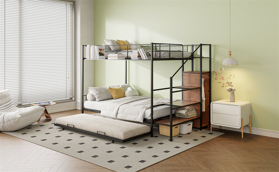 Twin Over Full Metal Bunk Bed With Trundle And Lateral Storage Ladder And Wardrobe, Black Black Metal