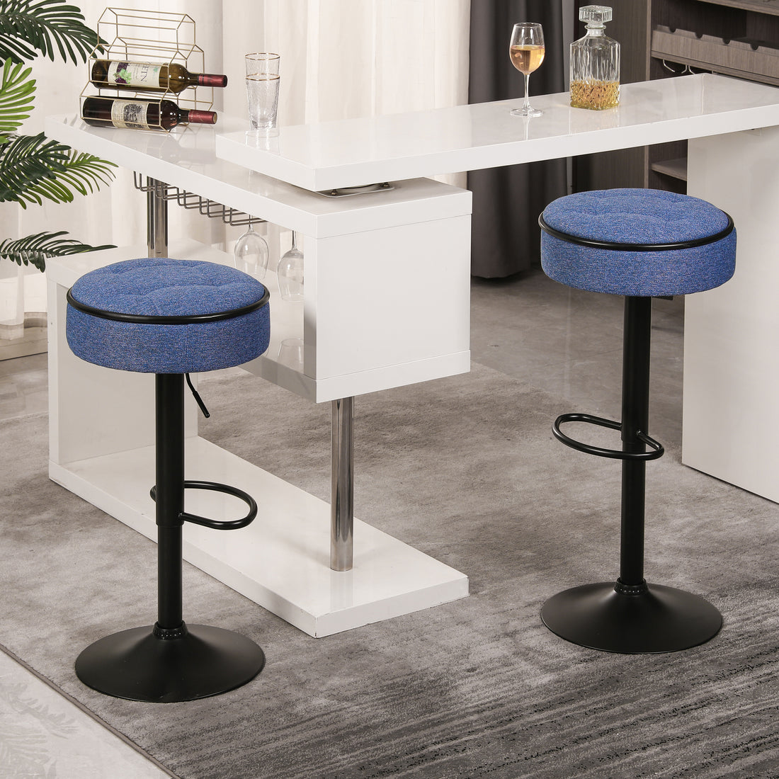 Round Storage Bar Stool Set Of 2, Blue Linen Height Adjustable Barstool, 360 Counter Height Swivel Stool, Armless Bar Chair With Metal Frame For Kitchen Counter Dining Living Room Blue Set Of 2 Foam Linen