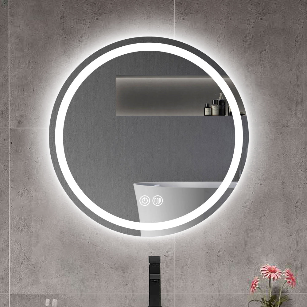 24In. H Led Single Bathroom Vanity Mirror Polished Crystal Bathroom Round Vanity Mirror For Smart Lighting On Bathroom Walls Transparent Glass