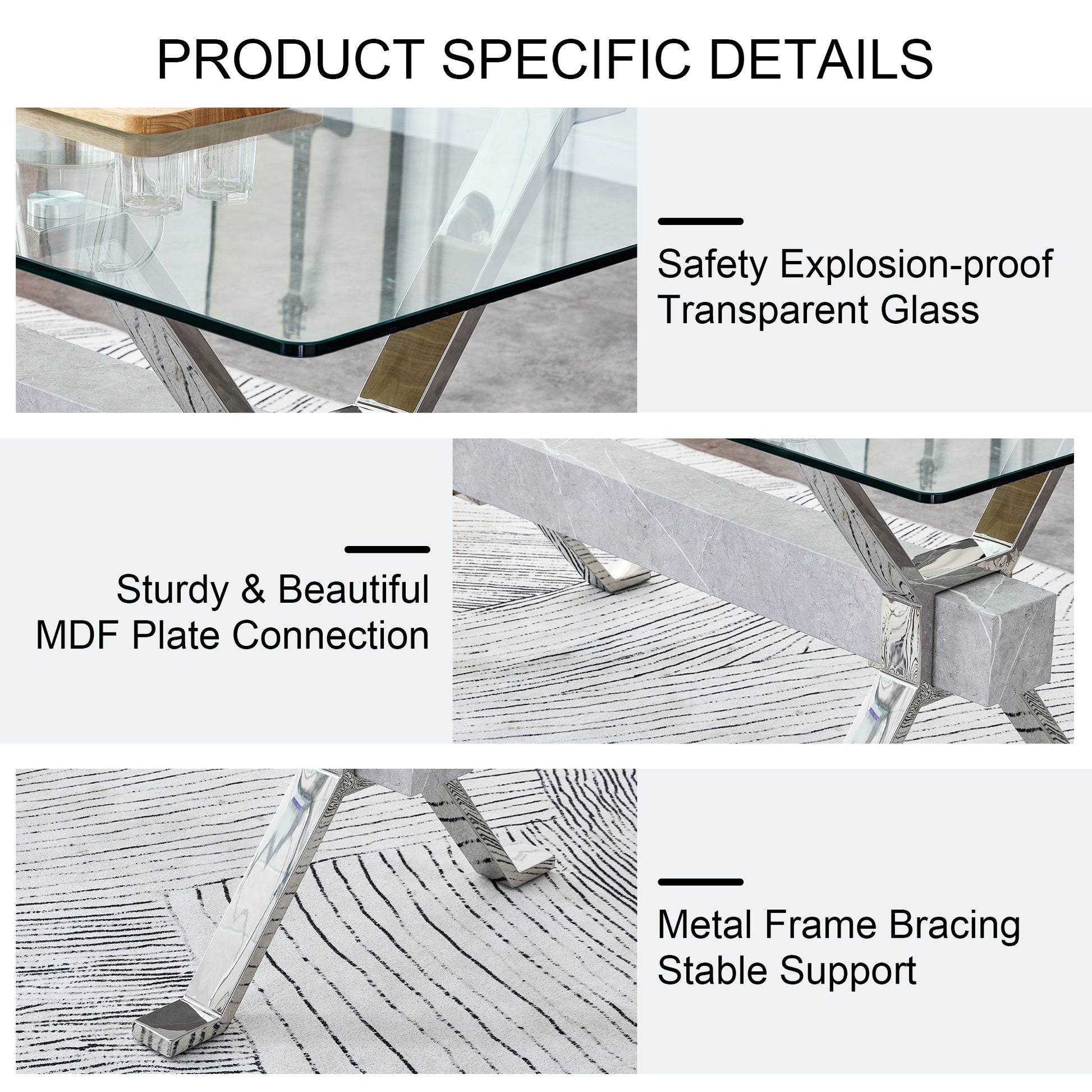 Dining Table. Modern Tempered Glass Dining Table. Large Modern Office Desk With Silver Plated Metal Legs And Mdf Crossbars, Suitable For Both Home And Office Use. Kitchen. 71 ''X35.4''X30 '' 1105 Transparent Glass