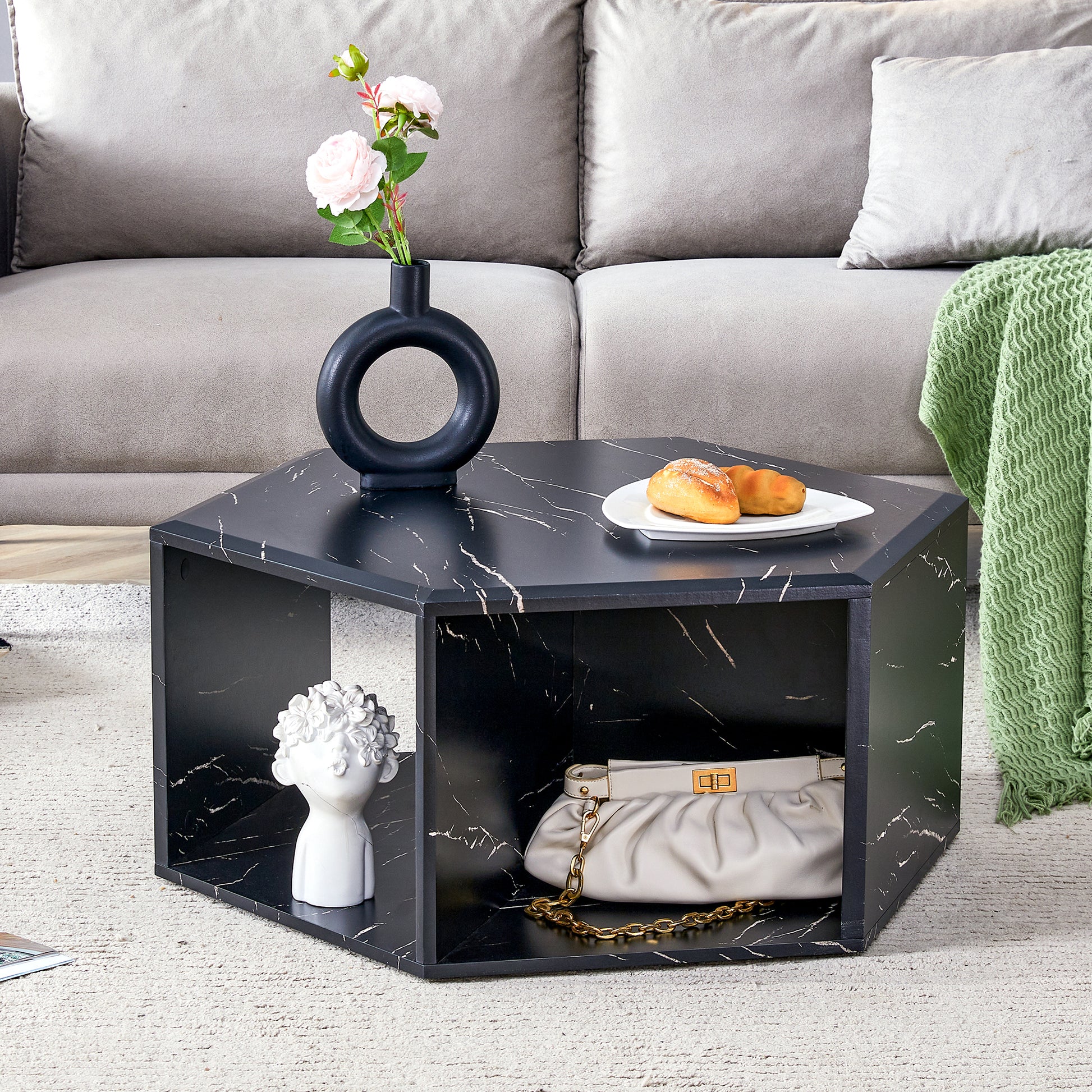 Hexagonal Mdf Coffee Table, Characteristic Pattern Stickers, Multi Hole Design To Give More Storage Space, Simple And Convenient Design Makes It Suitable For All Kinds Of Style Scenes. Black Mdf