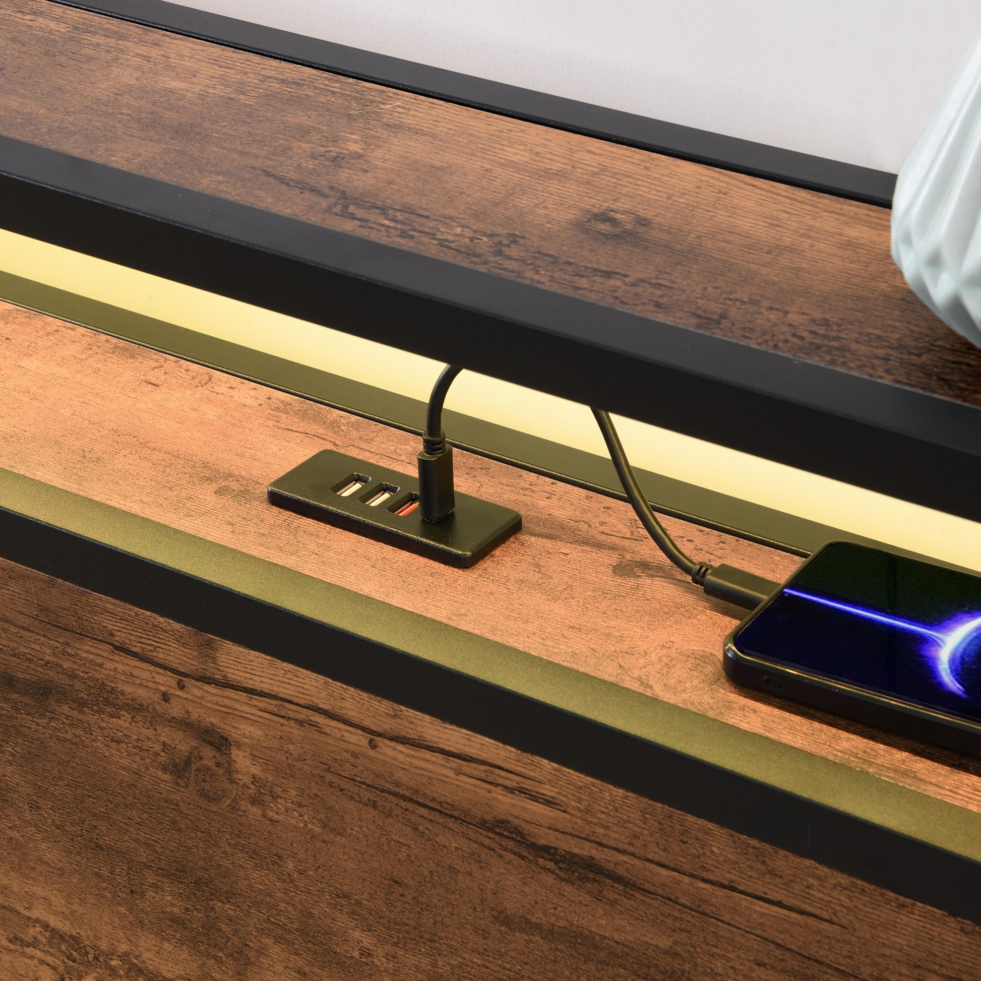 Lift Up Storage Bed Frame, Full Size Bed Frame With Bookcase Headboard & Led Lights, Wooden Platform Bed Frame With Charging Station, No Spring Box Needed, Rustic Brown Box Spring Not Required Full Rustic Brown Metal Brown Bedroom Industrial Bed Frame