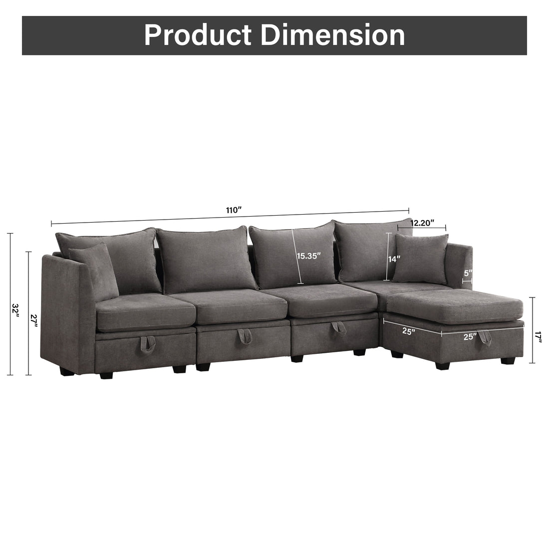 Modular Sectional Sofa, Convertible Sofa Couch With Storage, Sleeper Sectional Sofa Set, Flexible Modular Combinations Fabric Couch For Living Room Grey,5 Seat Sofa Grey Wood Soft Heavy Duty Fabric 5 Seat