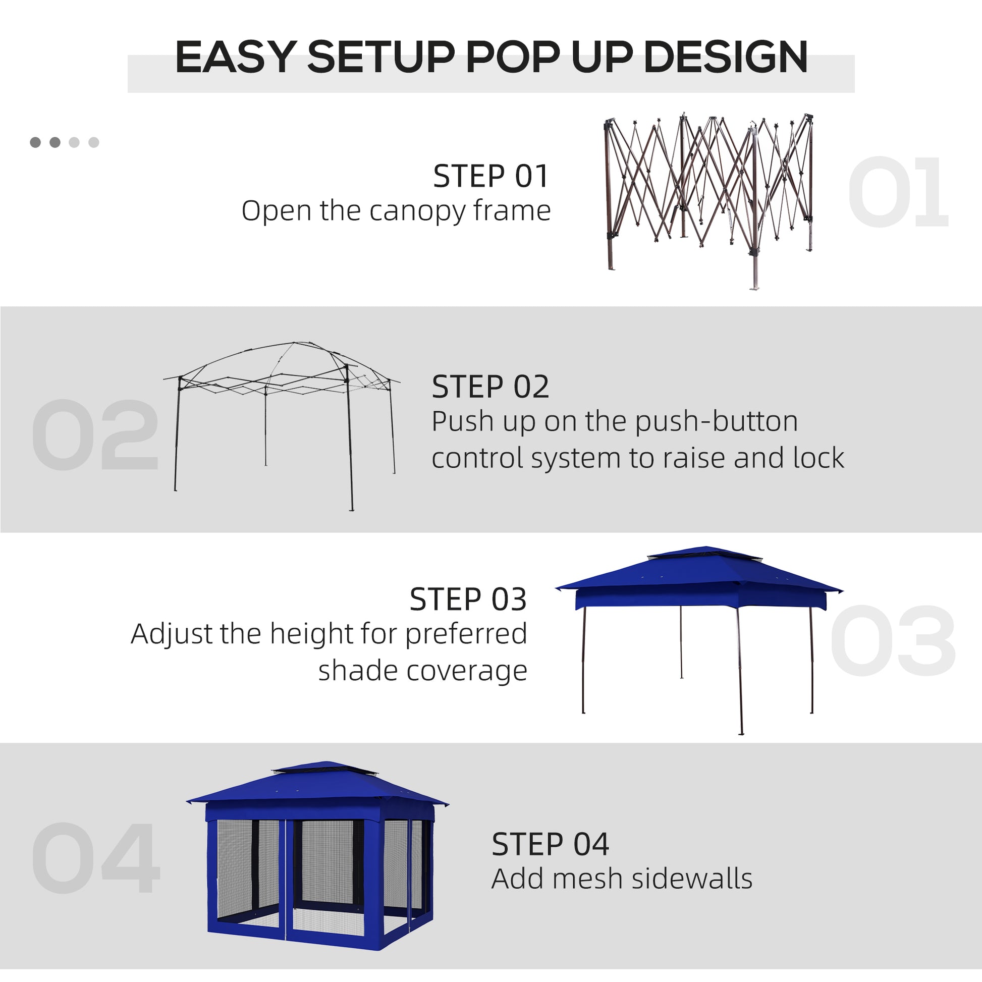 Outsunny 11' X 11' Pop Up Canopy, Outdoor Patio Gazebo Shelter With Removable Zipper Netting, Instant Event Tent W 114 Square Feet Of Shade And Carry Bag For Backyard, Garden, Blue Blue Metal