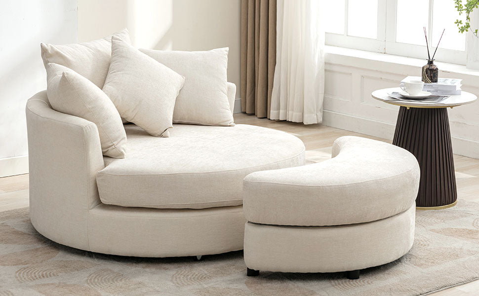 Orisfur. 360 Swivel Accent Barrel Chair With Storage Ottoman & 4 Pillows, Modern Chenille Leisure Chair Round Accent For Living Room, Cream Cream Foam Chenille