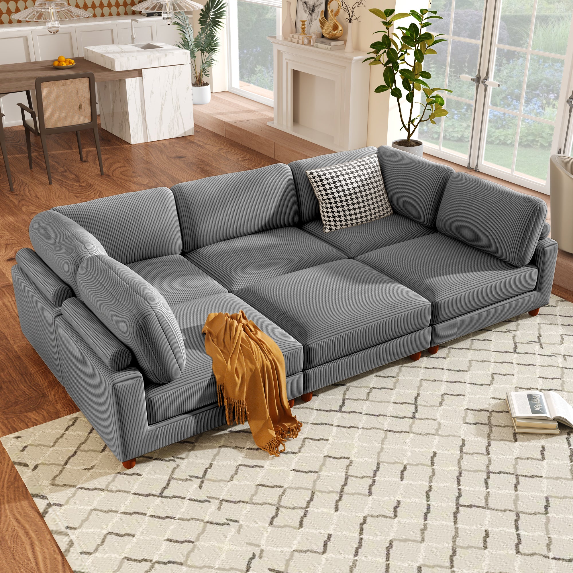 163''Modular Sectional Sofa,With Ottoman L Shaped Corner Sectional For Living Room,Office, Apartment 6 Seater Grey Polyester 6 Seat