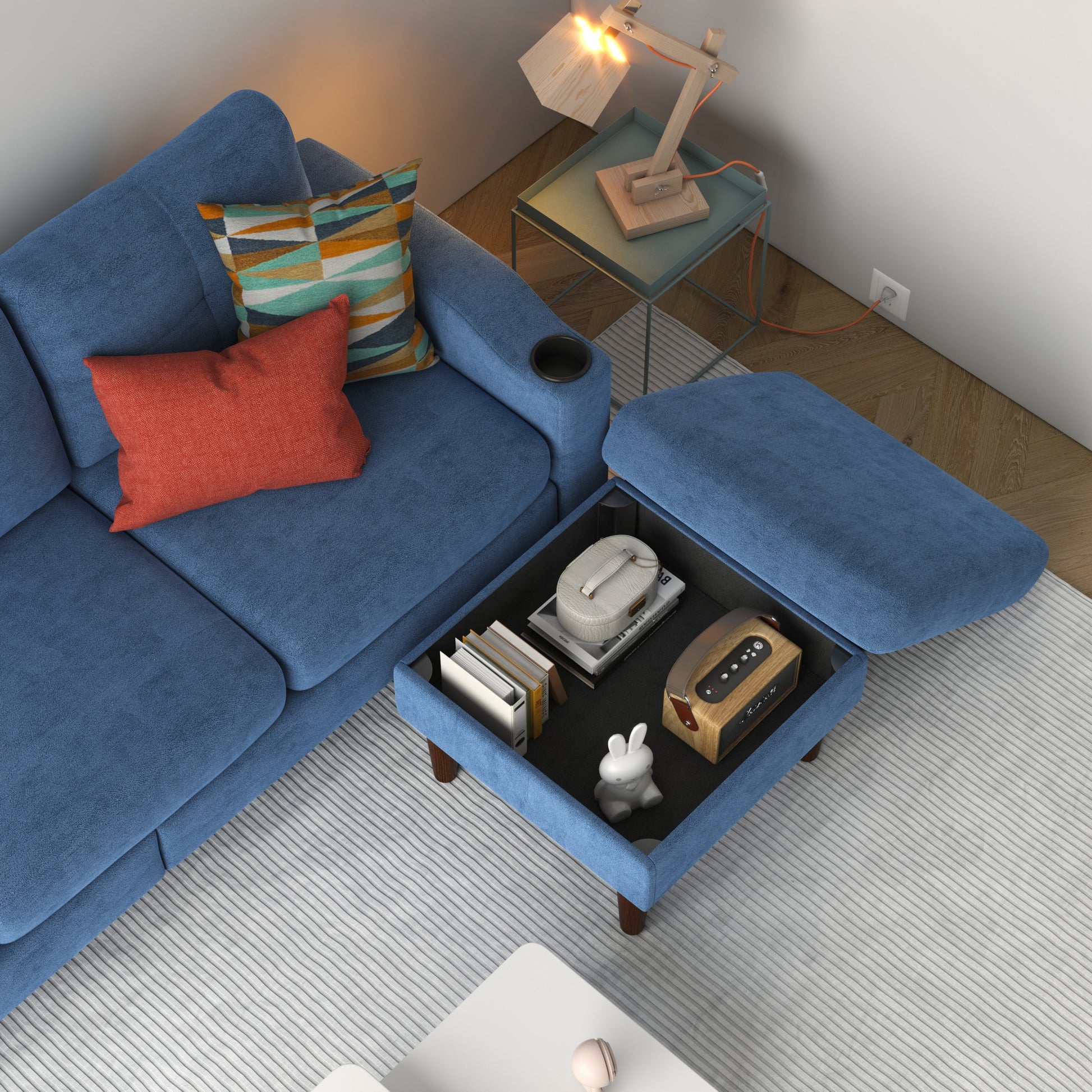 Convertible Combination Sofa Sofa L Shaped Sofa With Storage Cabinet Footstool, Living Room Navy Blue Sofa, Living Room Bedroom Office Small Space 3 Seater Combination Sofa Navy Blue Metal 3 Seat