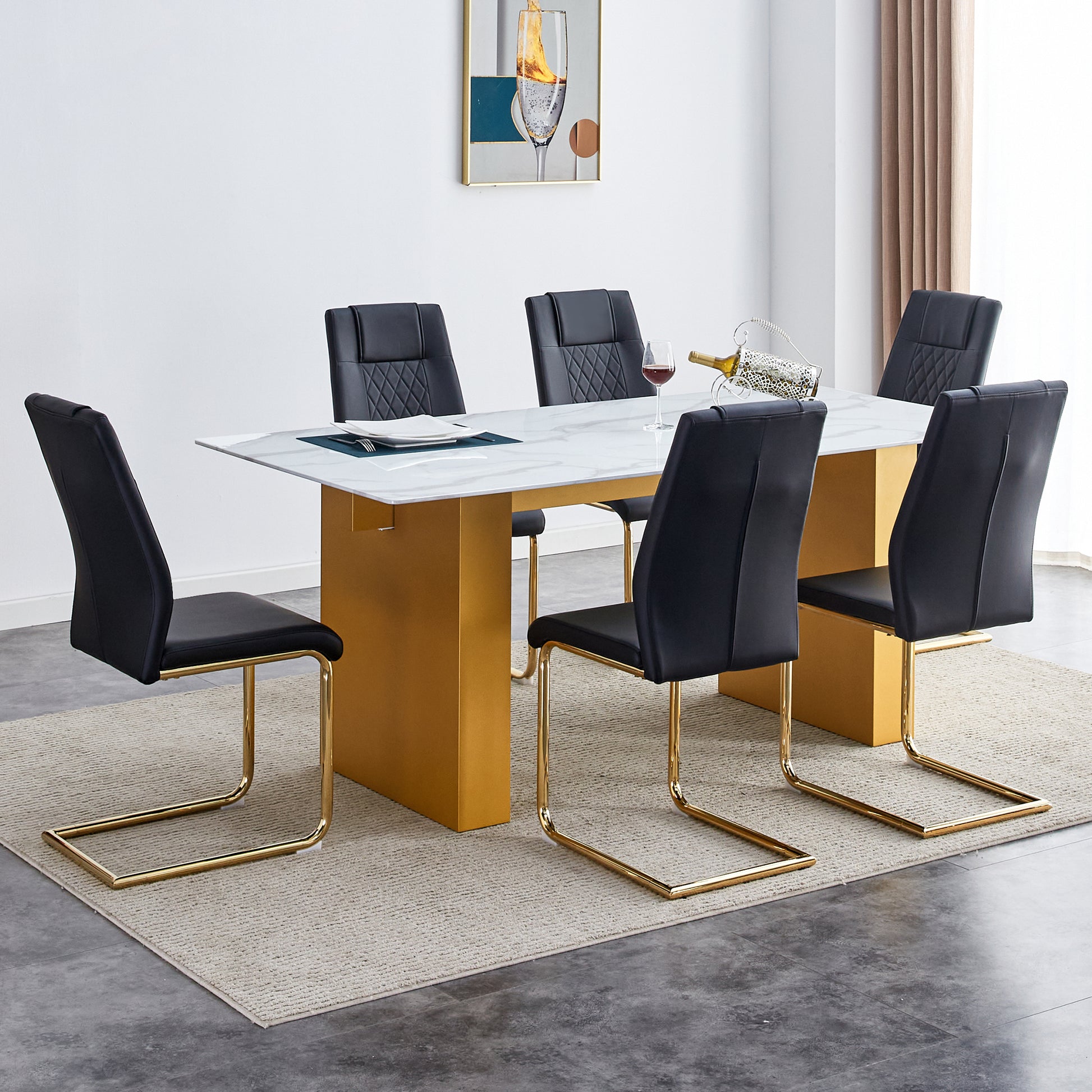 Large Modern Rectangular Table With 0.4 Inch Patterned Tabletop And Large Mdf Table Legs, Suitable For Kitchen, Dining Room, And Living Room 71 "* 35.4" * 30 " 1546 Gold Mdf Glass