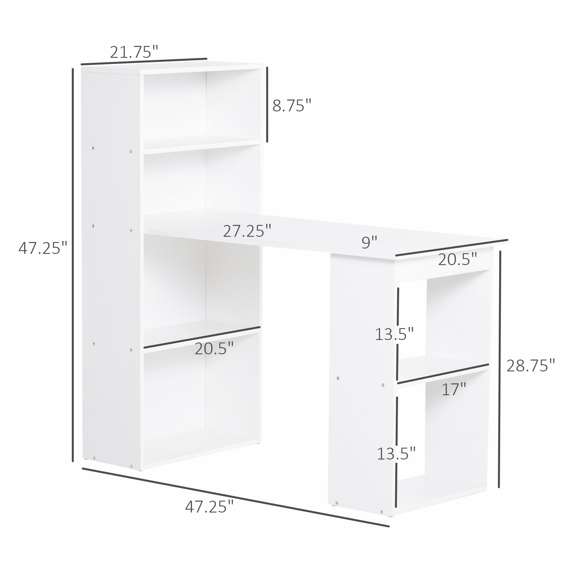 Homcom Modern Home Office Desk With 6 Tier Storage Shelves, 47" Writing Table With Bookshelf, White White Engineered Wood