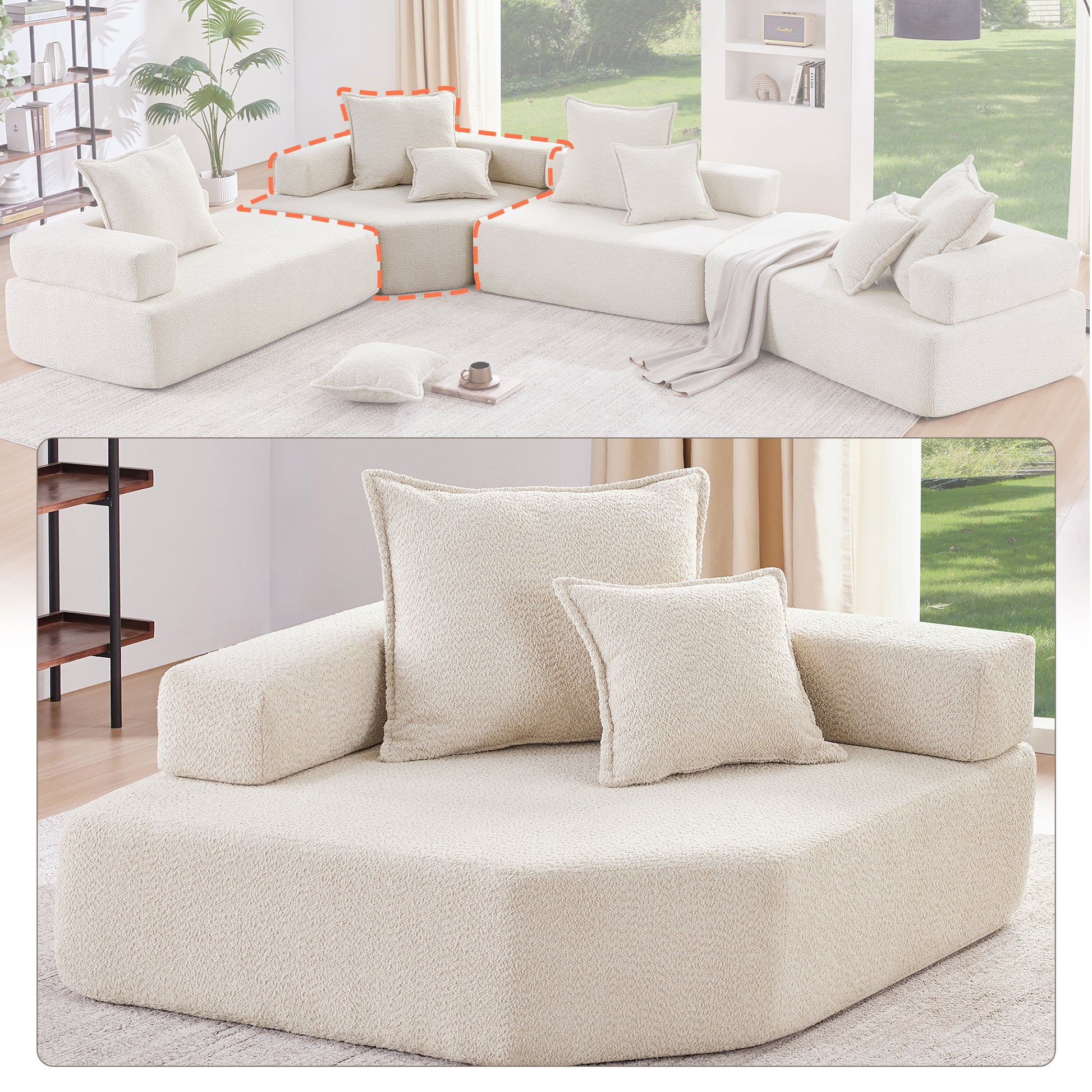 Corner Frame For Oversized Modular U Shaped Sectional Sofa,Luxury Boucle Floor Couch Set,Convertible Sleeper Couch,Spacious Foam Filled Sofa Bed For Living Room Beige Boucle 1 Seat