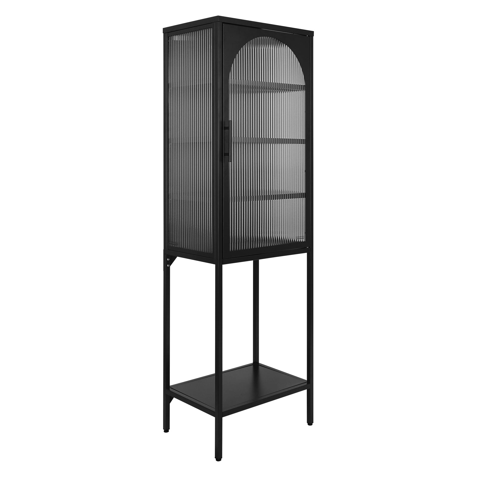 Stylish Tempered Glass High Cabinet With Arched Door Adjustable Shelves And Feet Anti Tip Dust Free Fluted Glass Kitchen Credenza Black Black Tempered Glass Sheet Metal Plastic