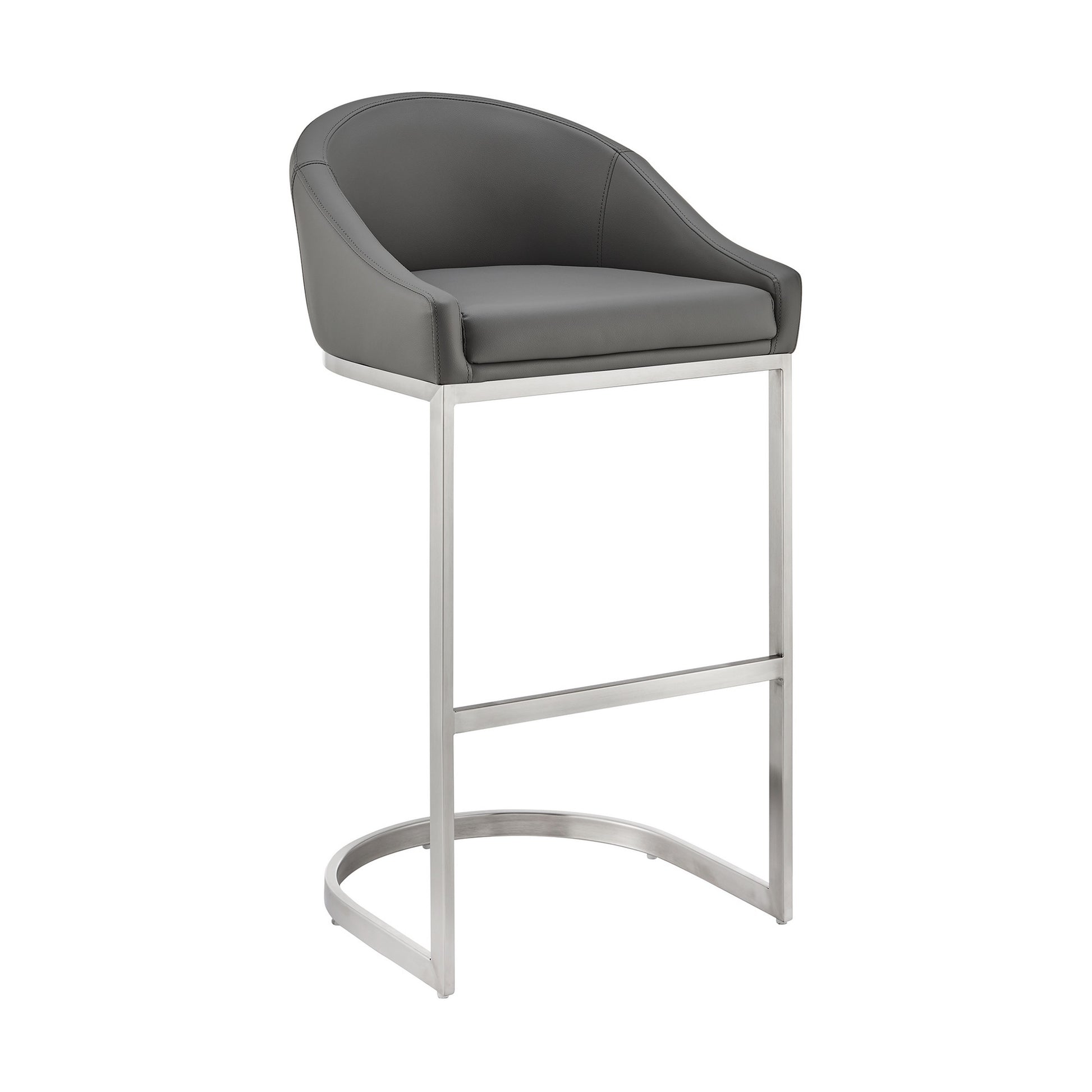 Lina 28 Inch Bar Stool Chair, Metal Cantilever Base, Gray Faux Leather Gray Fabric Metal