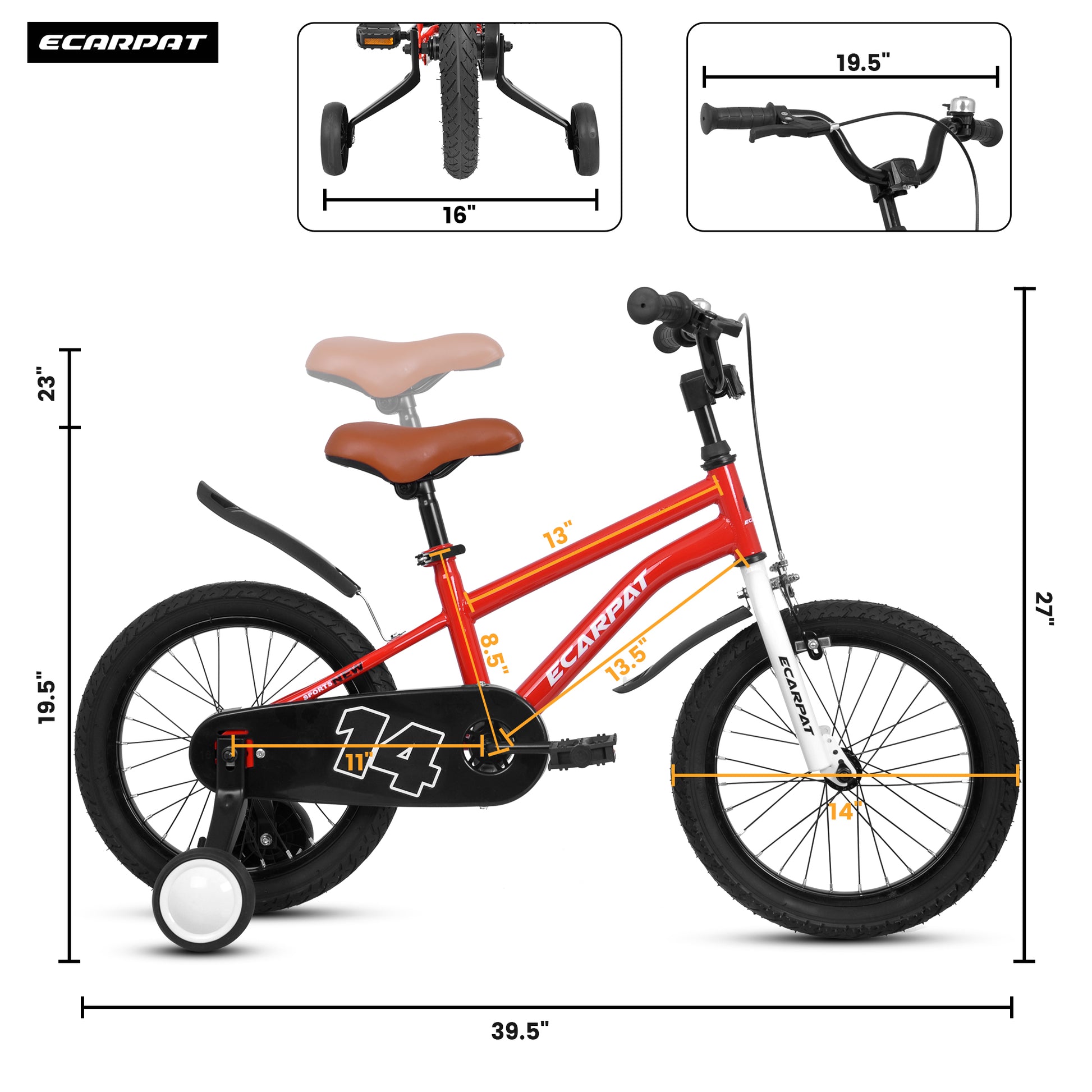 A14114 Kids Bike 14 Inch For Boys & Girls With Training Wheels, Freestyle Kids' Bicycle With Fender. Red Steel