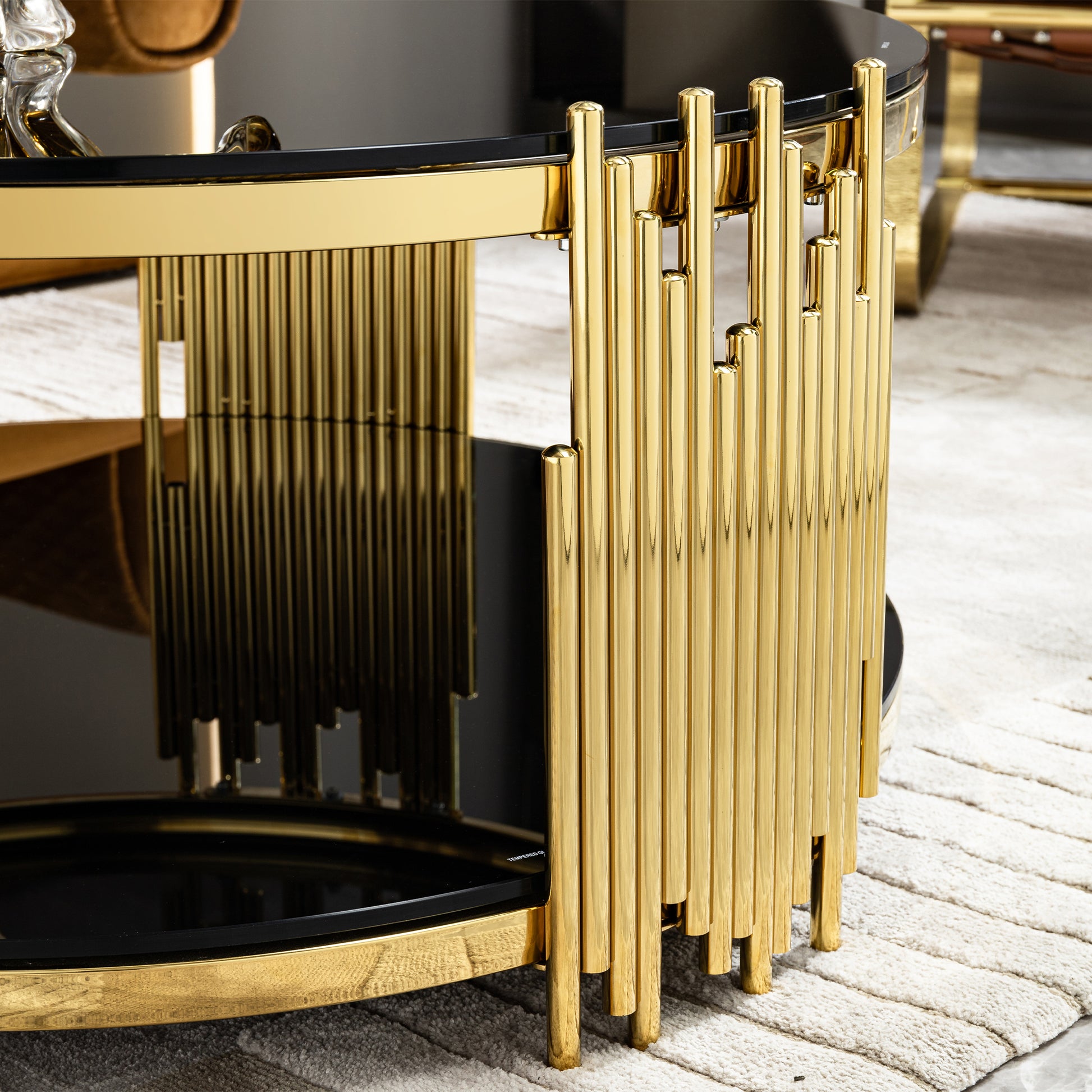 Double Layer Black Tempered Glass Top Stainless Steel Round Coffee Table For Living Room Gold Black Contemporary Round Shelves Coffee & End Tables Polished Stainless Steel