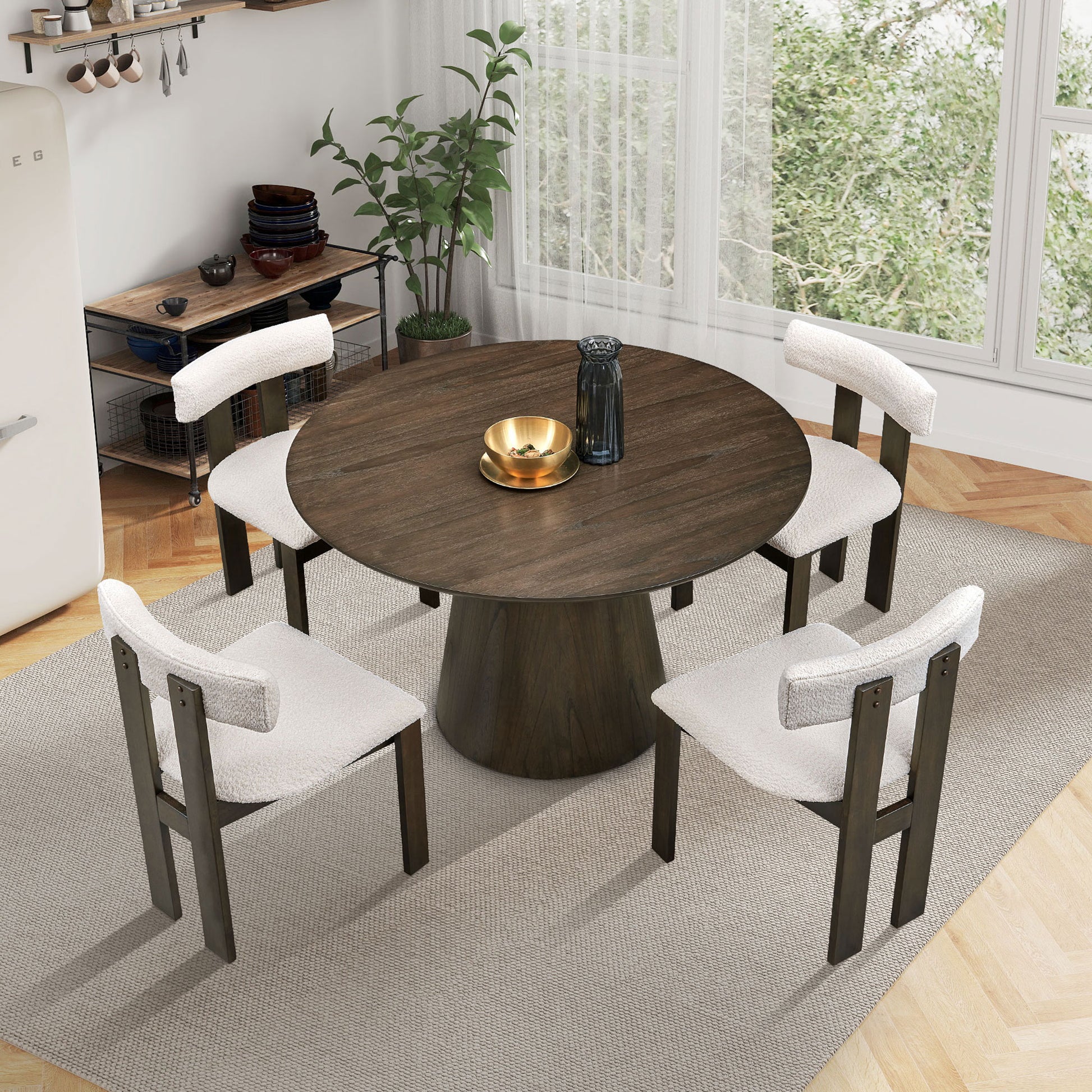 47.24'' Round Modern Style Mdf Wood Dining Table For Kitchen, Living Room, Cafe, Stylish Leisure Desk With Sturdy Cylindrical Base, For Small Spaces, Apartment,Walnut Walnut Mdf