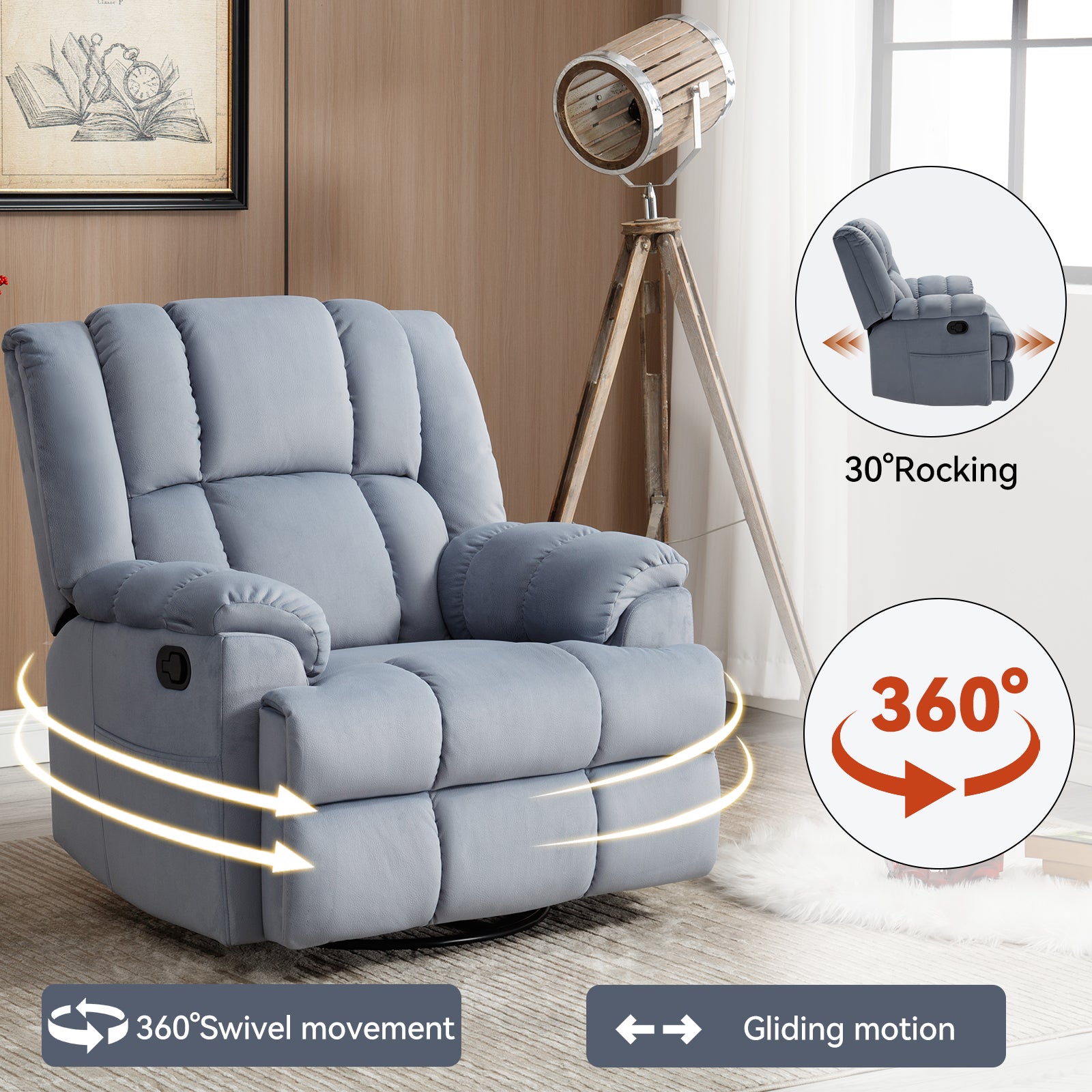 Manual Recliner Chair With Rocker And Swivel In Fabric For Living Room, Blue Blue Polyester Manual Handle Metal Primary Living Space Medium Firm Cushion Back Heavy Duty American Design Pine Pillow