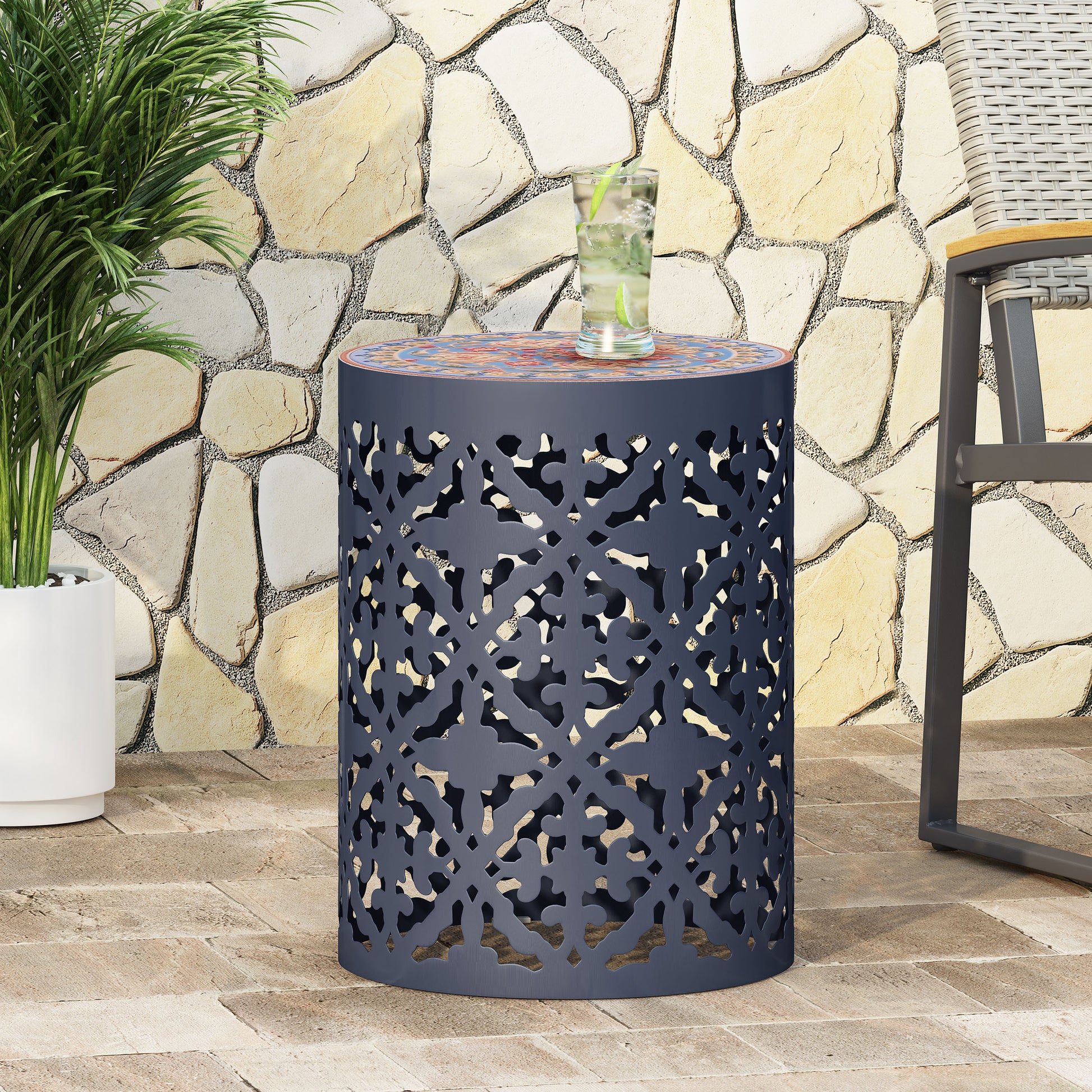 Side Table Dark Blue Rattan Metal