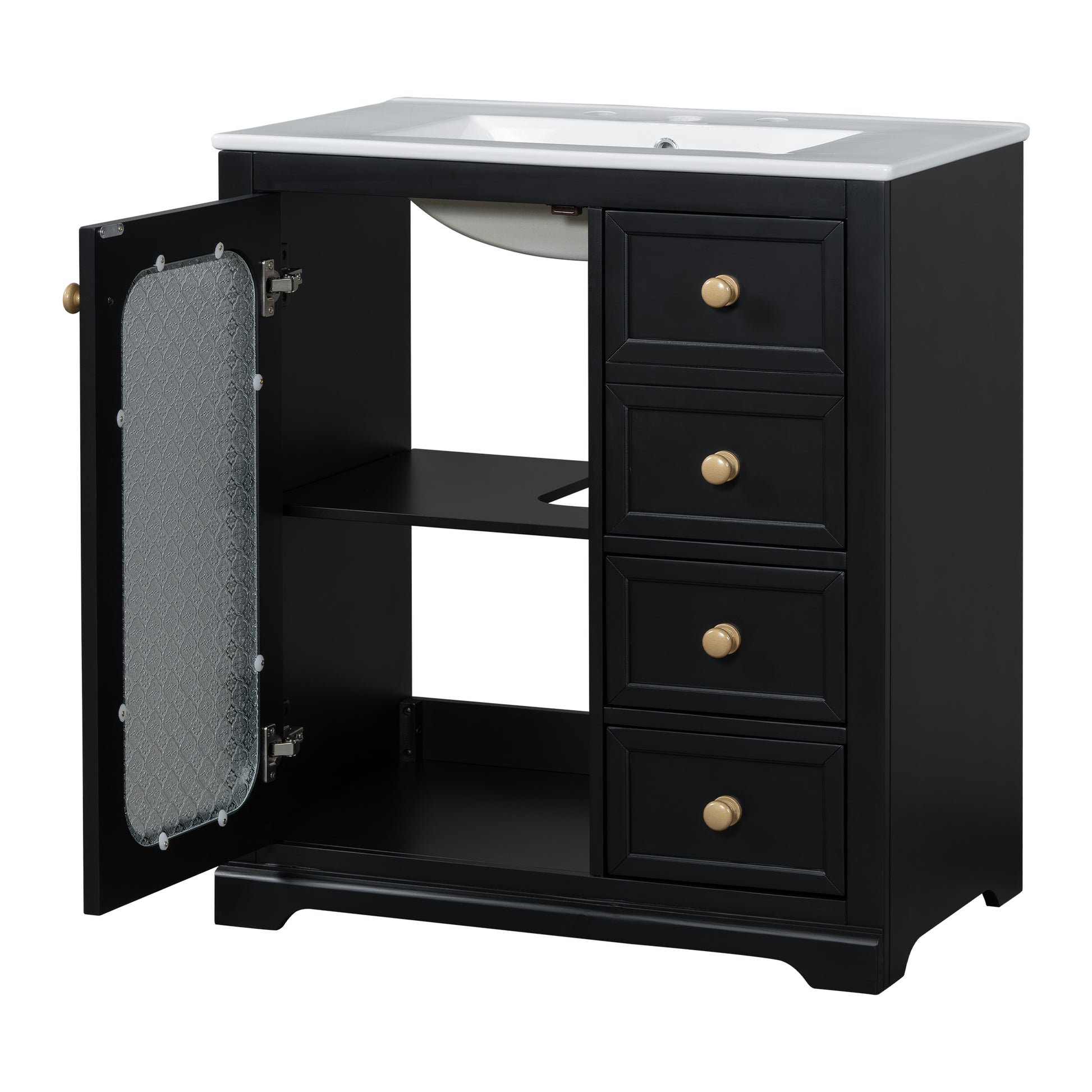 30 Inch Bathroom Vanity With A Soft Close Glass Door, Adjustable Shelves, And Three Drawers Black Bathroom Solid Wood Mdf Glass