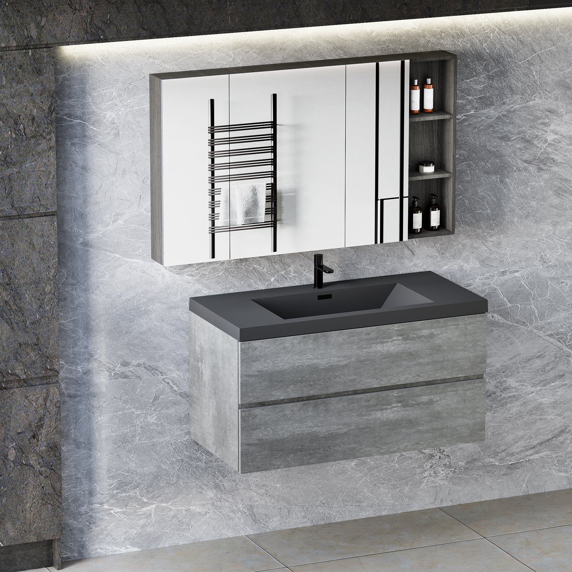 42" Floating Bathroom Vanity With Sink, Modern Wall Mounted Bathroom Storage Vanity Cabinet With Black Quartz Sand Top Basin And Soft Close Drawers, Grey 24V12 42Gr Grey Melamine