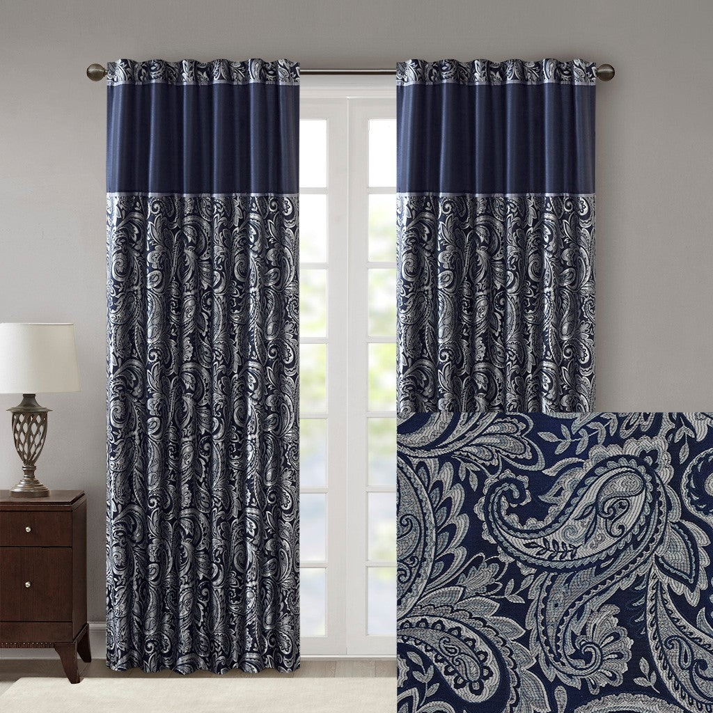 Jacquard Curtain Panel Pair Navy Polyester