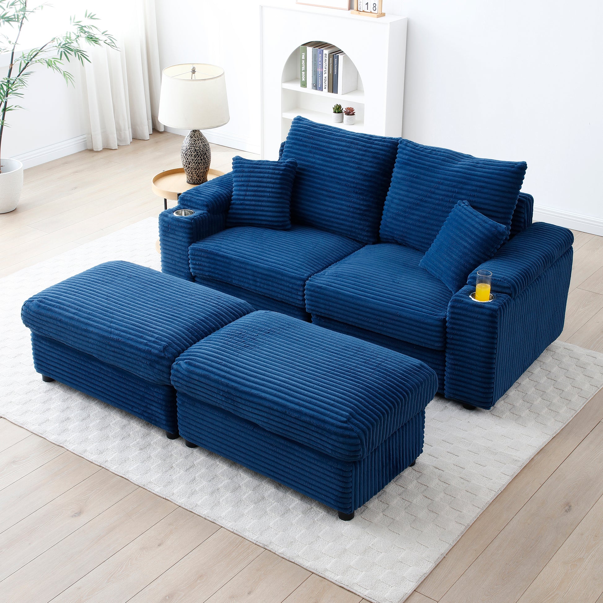 Loveseat With Ottomans,Corduroy Fabric Modular Sectional Sofa,Comfy De