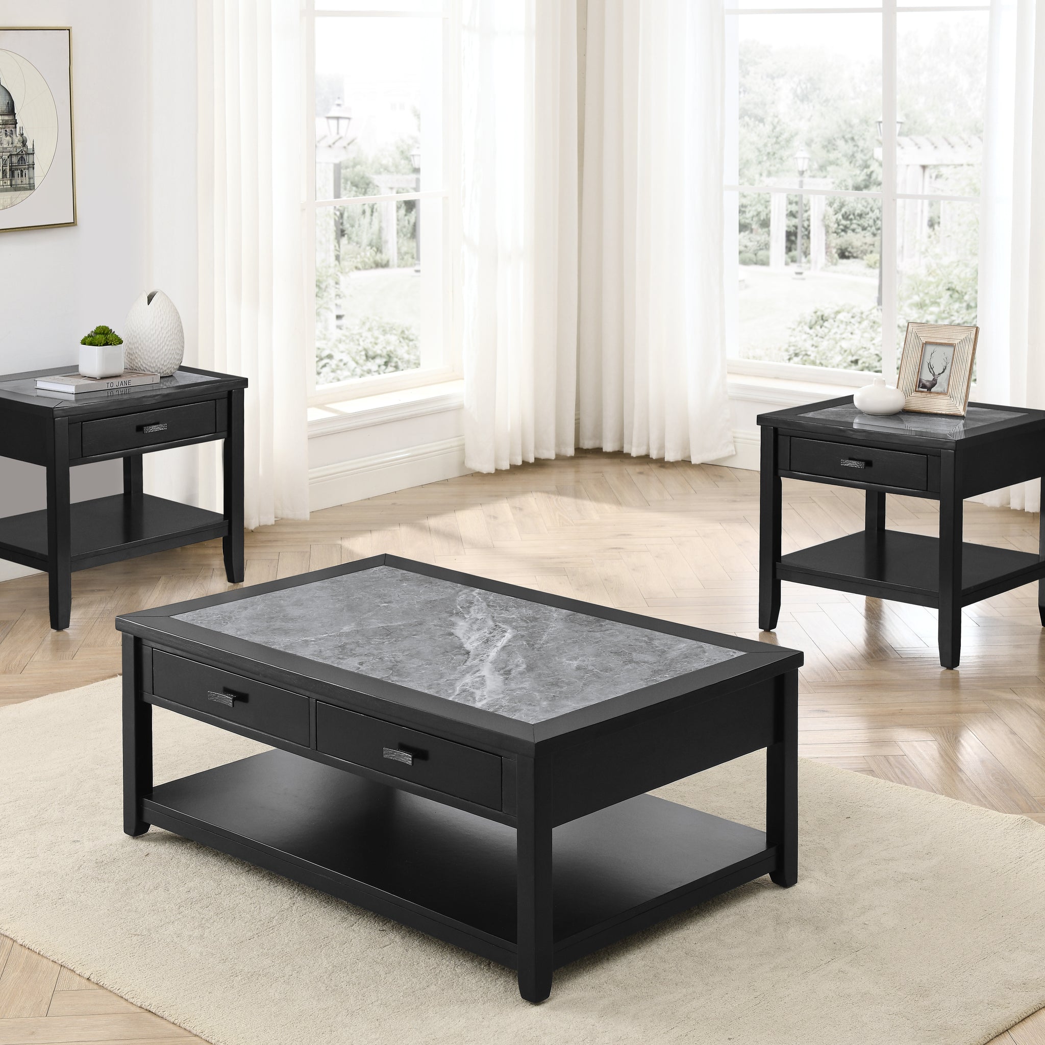 Garvine 3 Piece Occasional Table Set Black & Gray Black Wood