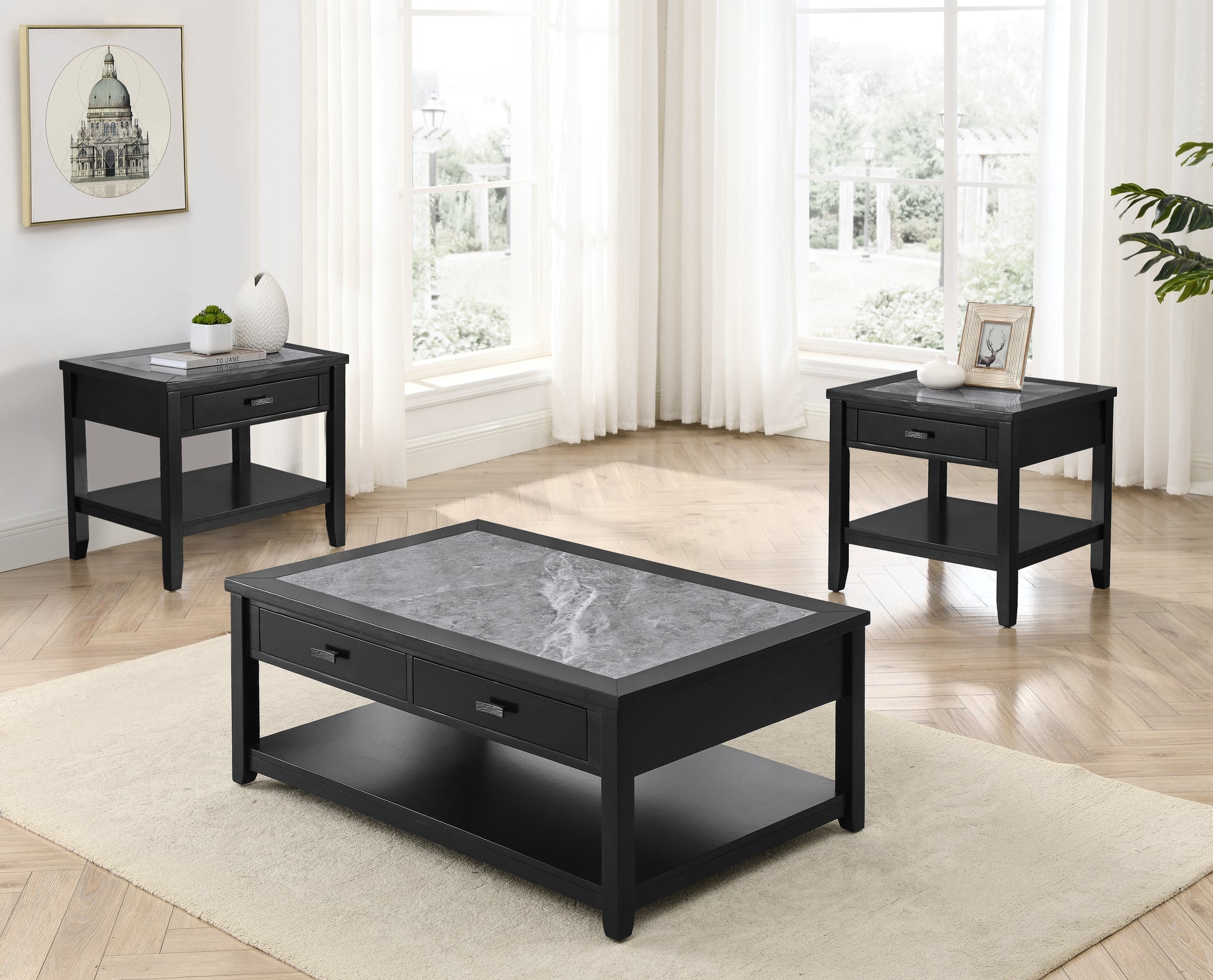 Garvine 3 Piece Occasional Table Set Black & Gray Black Wood