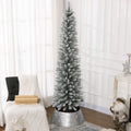 Homcom 7Ft Artificial Pencil Christmas Tree With 405 Snow Flocked Tips, Metal Base, Realistic Xmas Tree Green Plastic