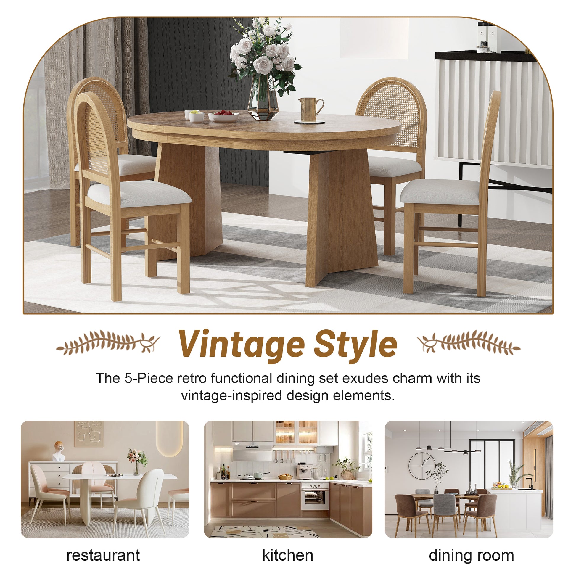 5 Piece Retro Functional Dining Set With 1 Extendable Dining Table And 4 Upholstered Chairs With Rattan Backrests For Dining Room And Kitchen Natural Wood Wash Natural Wood Wash Solid Wood Mdf