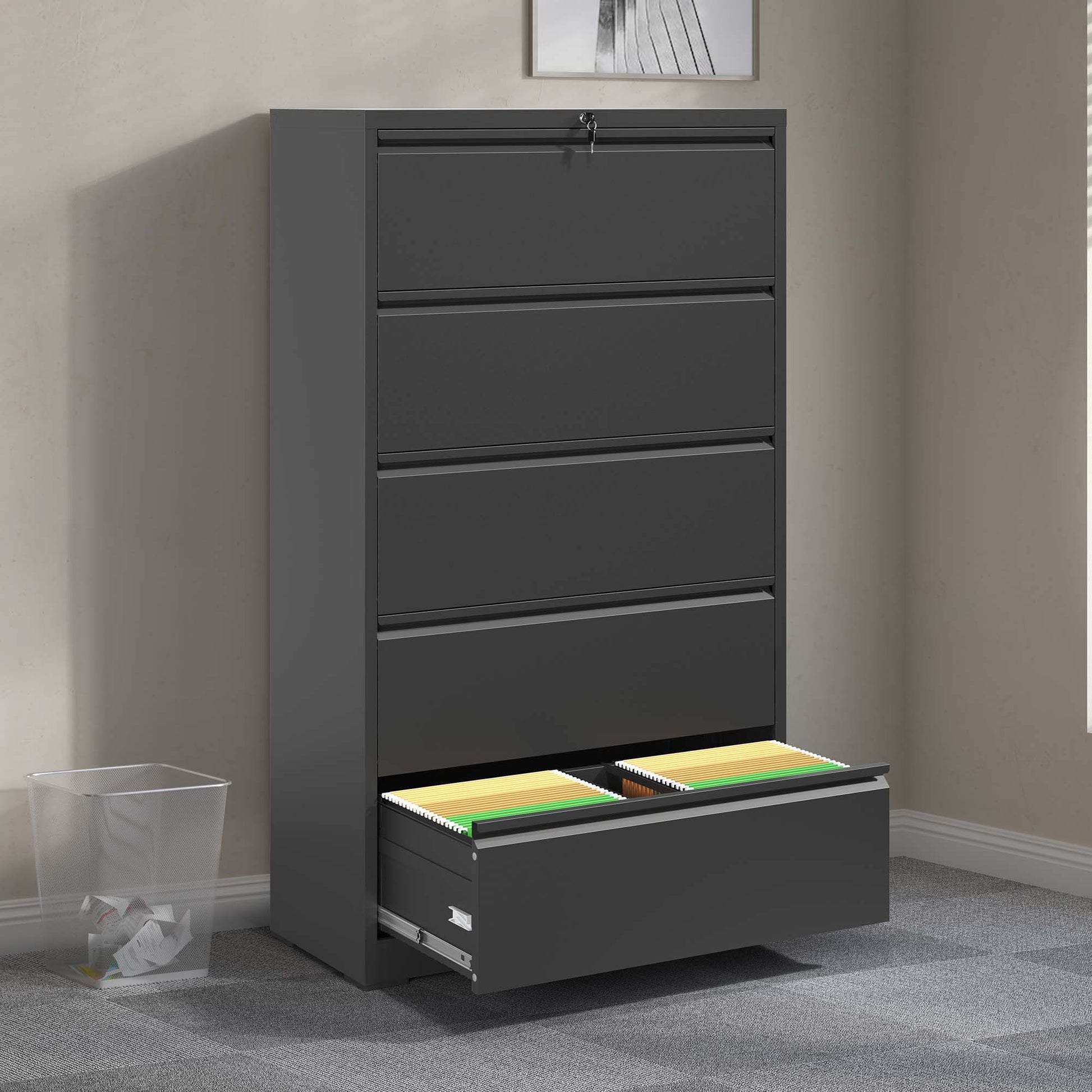 5 Drawer Metal Lateral File Cabinetblack Filing Cabinet With Lock, Lockable File Cabinet For Home Office, Locking Metal File Cabinet For Legal Letter A4 F4 Size Filing Cabinets 5 Or More Drawers Antique Black Office Drawers Included Modern Metal Metal