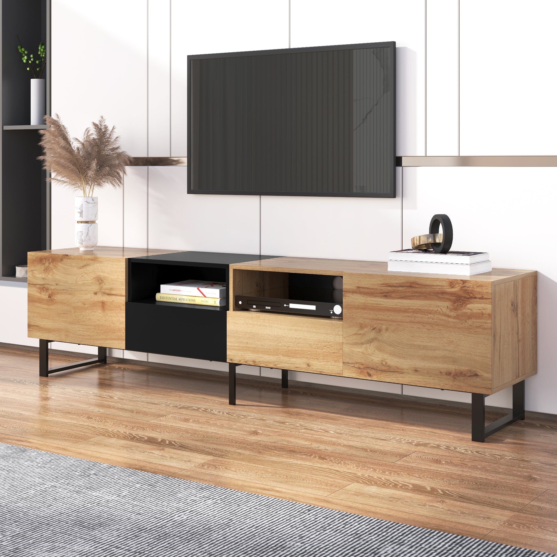 Modern Tv Stand With 2 Cabinets& Open Storage Compartment, Color Matching Media Console Table For Tvs Up To 85'', Entertainment Center With Drop Down Door For Living Room, Bedroom, Home Theatre Wood Brown Primary Living Space 70 79 Inches 90 Inches Or