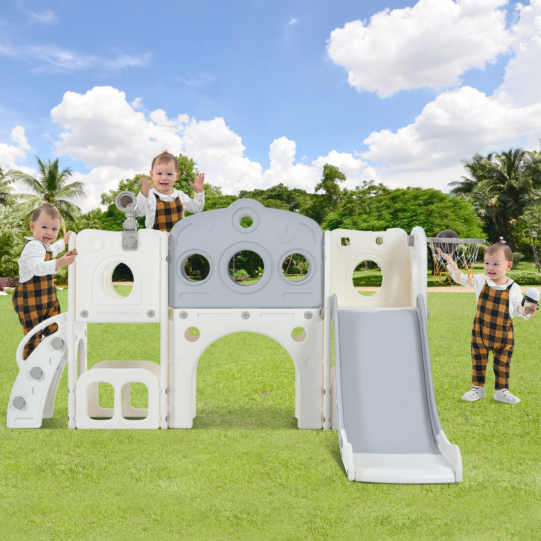 7 In 1 Toddler Slide Set, Freestanding Space Set With Slide, Kids Slide Playset Structure, Arch Tunnel And Basketball Hoop, Toy Storage Organizer For Toddlers, Kids Climbers Playground Grey White 50 99 Lbs Cute 1 To 2 Years Hdpe Indoor & Outdoor Use