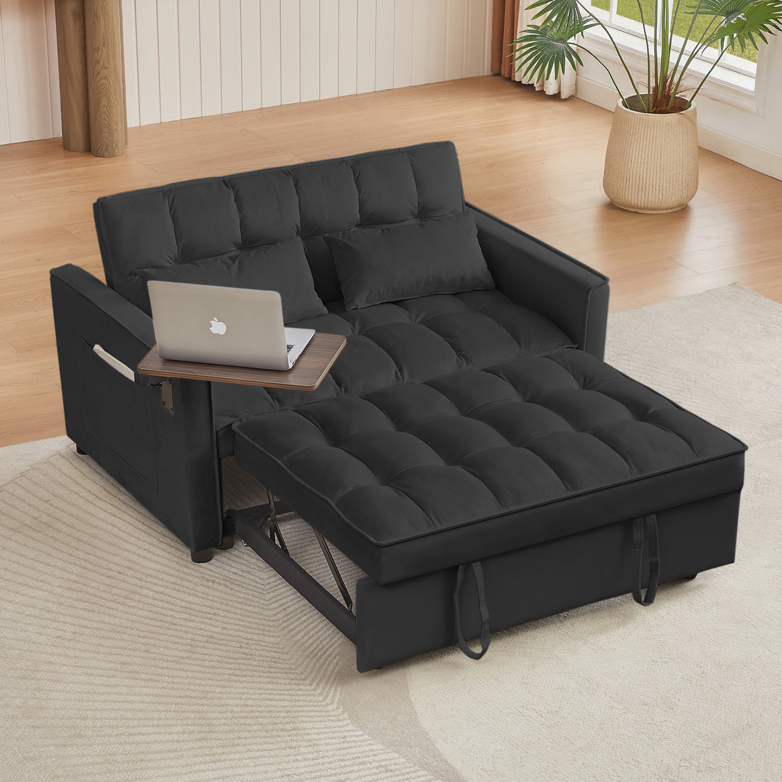Black Velvet Loveseat Sofa Bed Black Wood Tufted Back Square Arms Foam Velvet 2 Seat