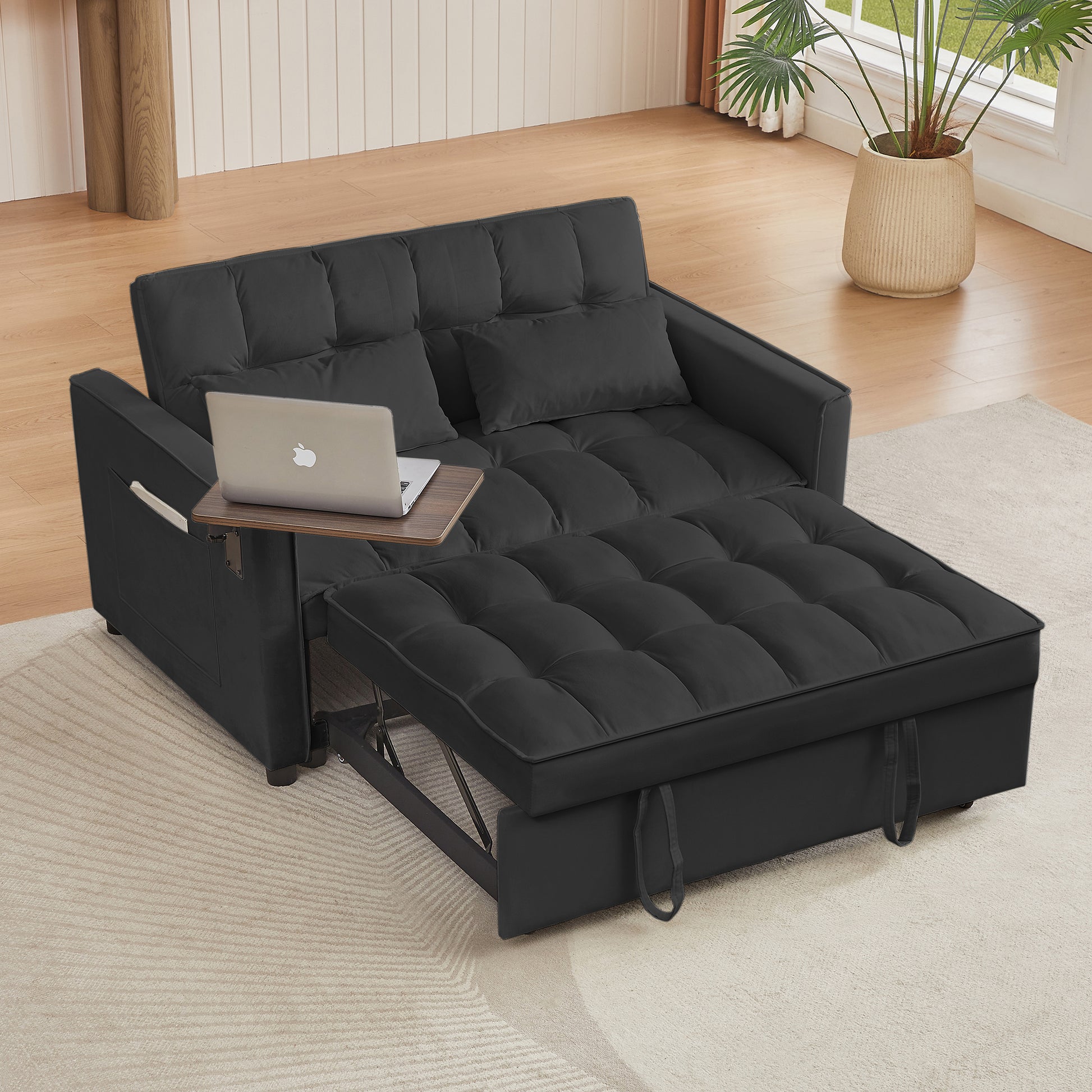Black Velvet Loveseat Sofa Bed Black Wood Tufted Back Square Arms Foam Velvet 2 Seat