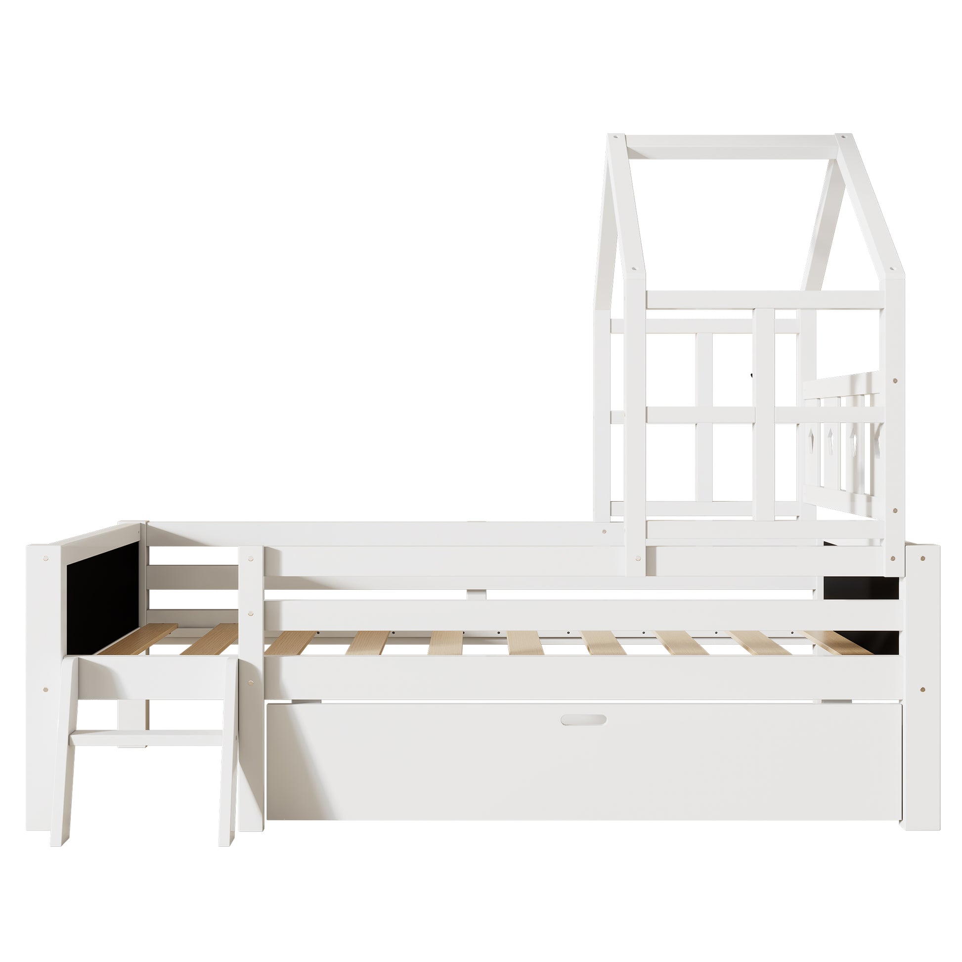 Twin Size House Bed With Ladder And Storage Drawers For Kid Bedroom,Solid Wood Platfrom Bedframe With 2 Blackboard Design, No Box Spring Needed, White Twin White Partice Board Mdf Pine Wood