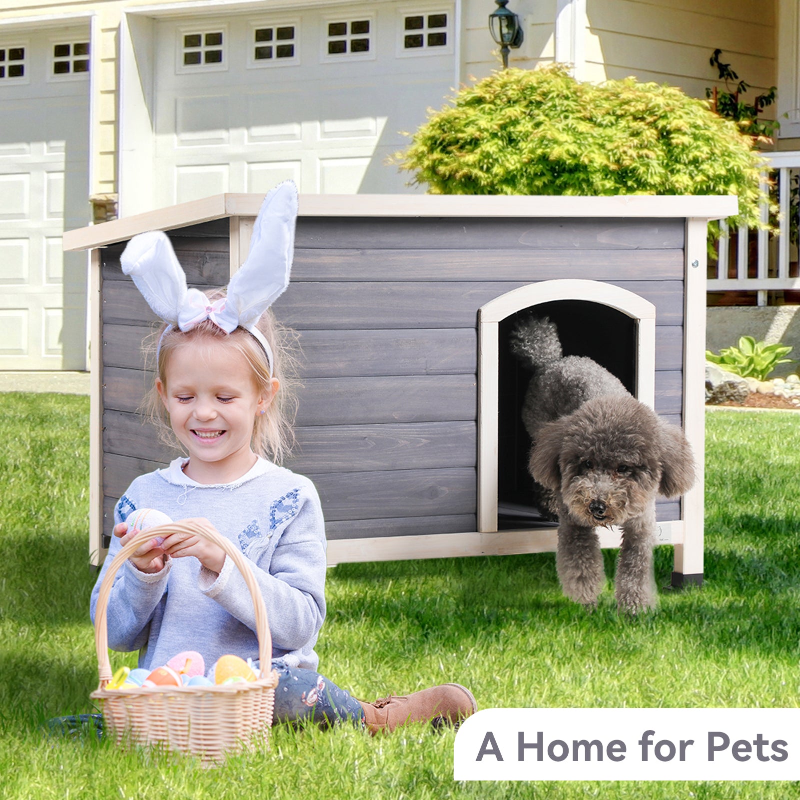 Small Wooden Outdoor Dog House, Waterproof Roof, Elevated Floor, Grey Grey Solid Wood