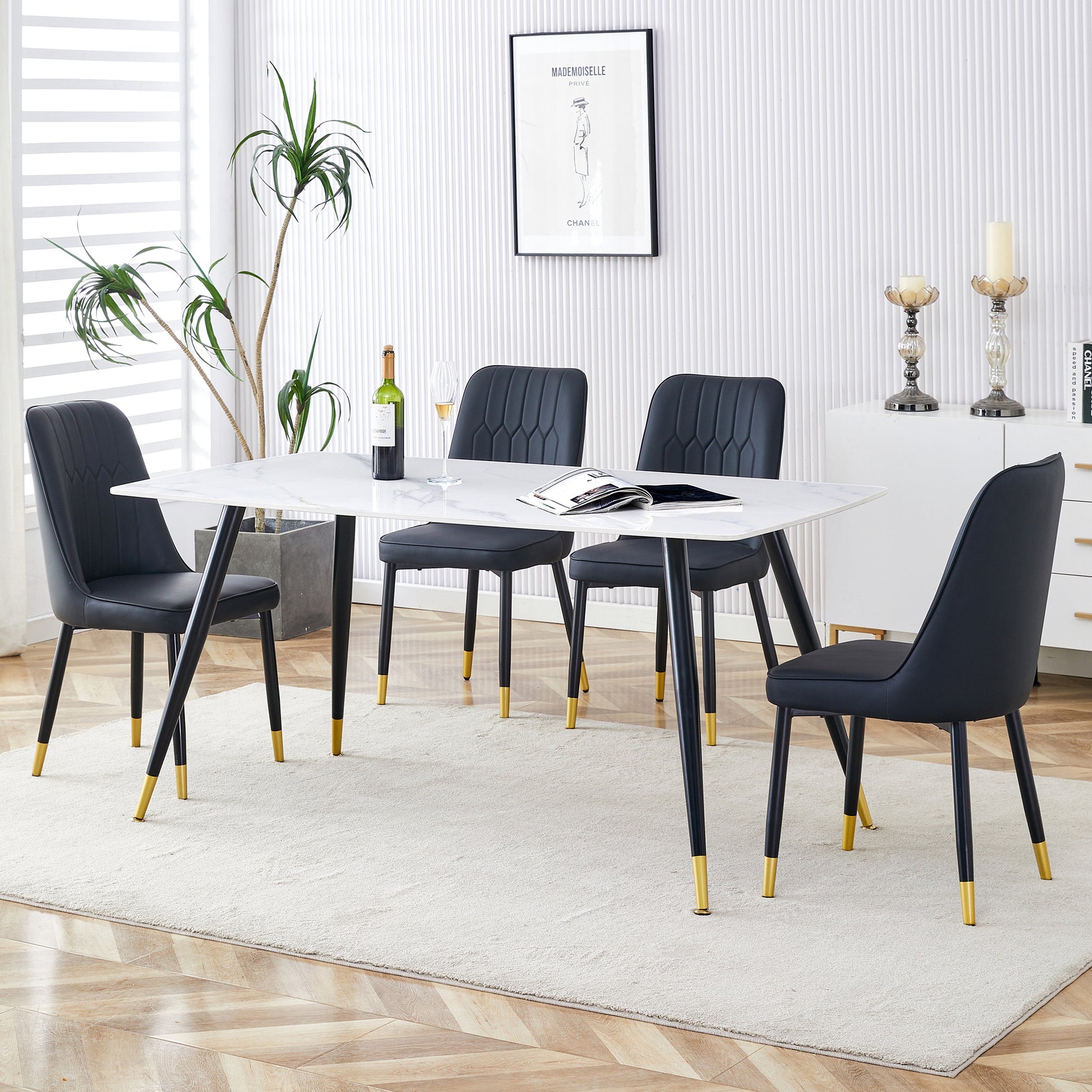 Modern Minimalist Dining Table. White Imitation Marble Pattern Sintered Stone Desktop With Black Metal Legs.Modern Dining Chair With Pu Artificial Leather Backrest Cushion And Black Metal Legs.F 001 Black Gold Sintered Stone