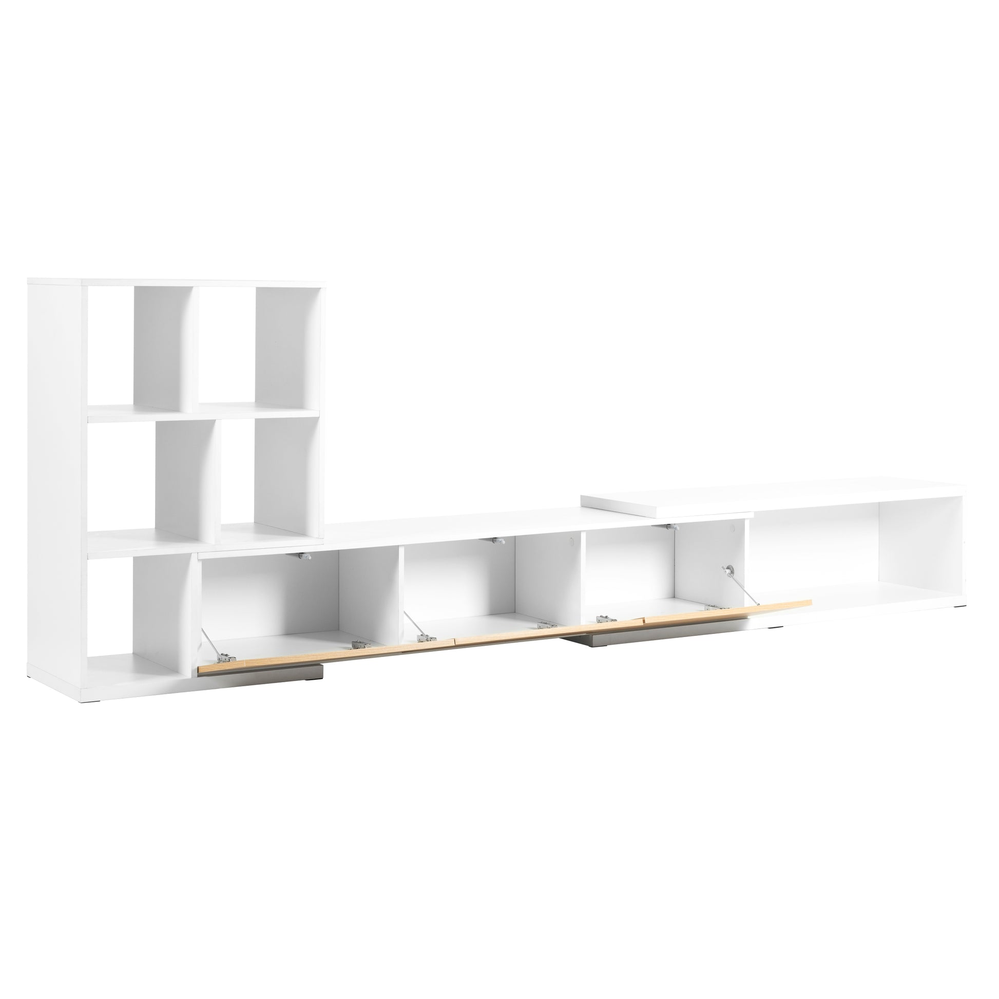 74.8'' 126'' Extendable Tv Stand With 3 Tier Bookshelves For Tvs Up To 110'', Adjustable Entertainment Center With Storage Cabinets, Sliding Tabletop Media Console For Living Room, White White Primary Living Space 90 Inches Or Larger Particle Board Mdf