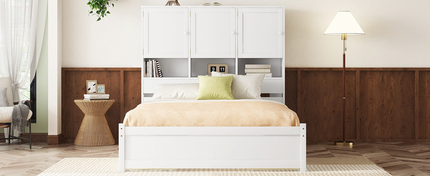 Queen Size Platform Bed With Storage Headboard And 4 Drawers, White Box Spring Not Required Queen White Wood Bedroom Bed Frame Solid Wood Mdf