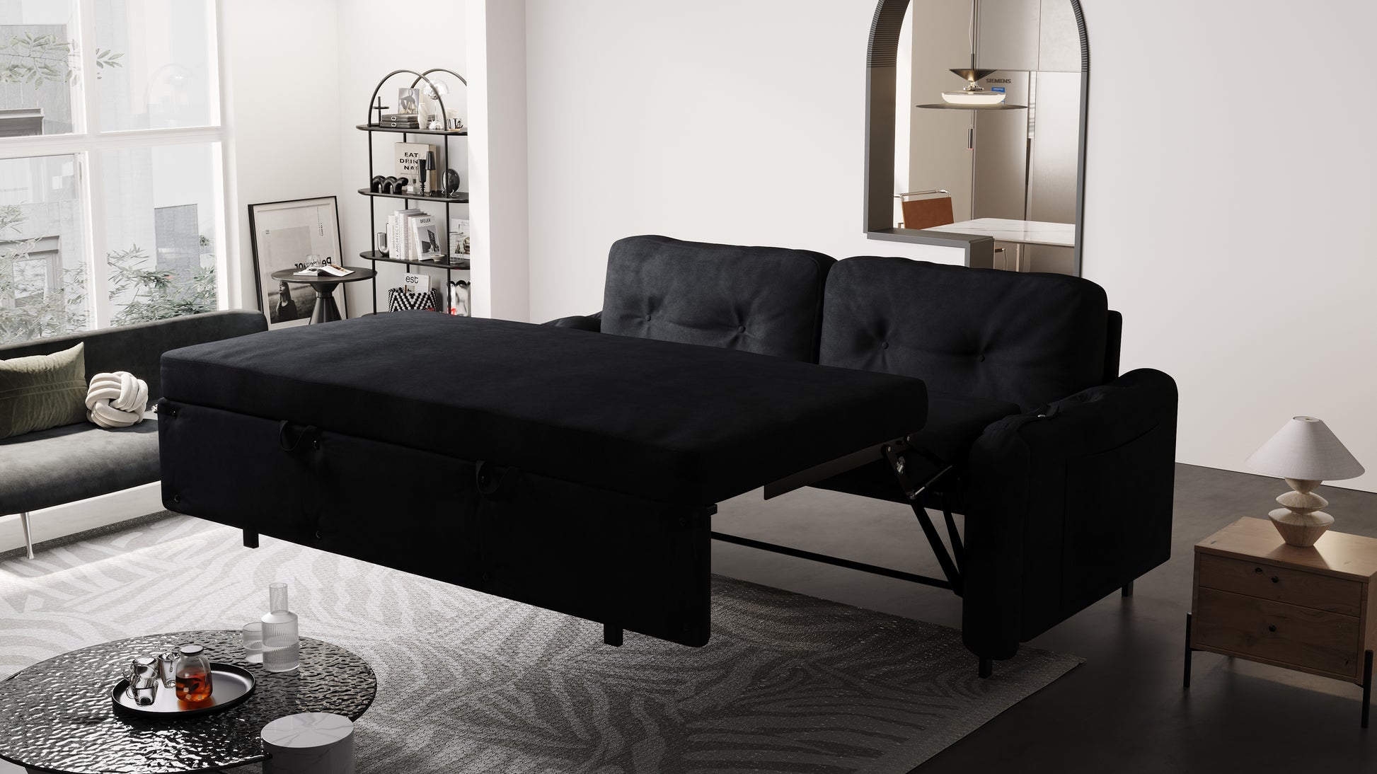 66.2" Queen Pull Out Sofa Bed, Hydraulic System Convertible Sleeper Sofa With Storage And 2 Soft Pillows, Tufted Button Upholstered Couch,Multi Functional Velvet Loveseat Bed,Black Black Velvet 2 Seat