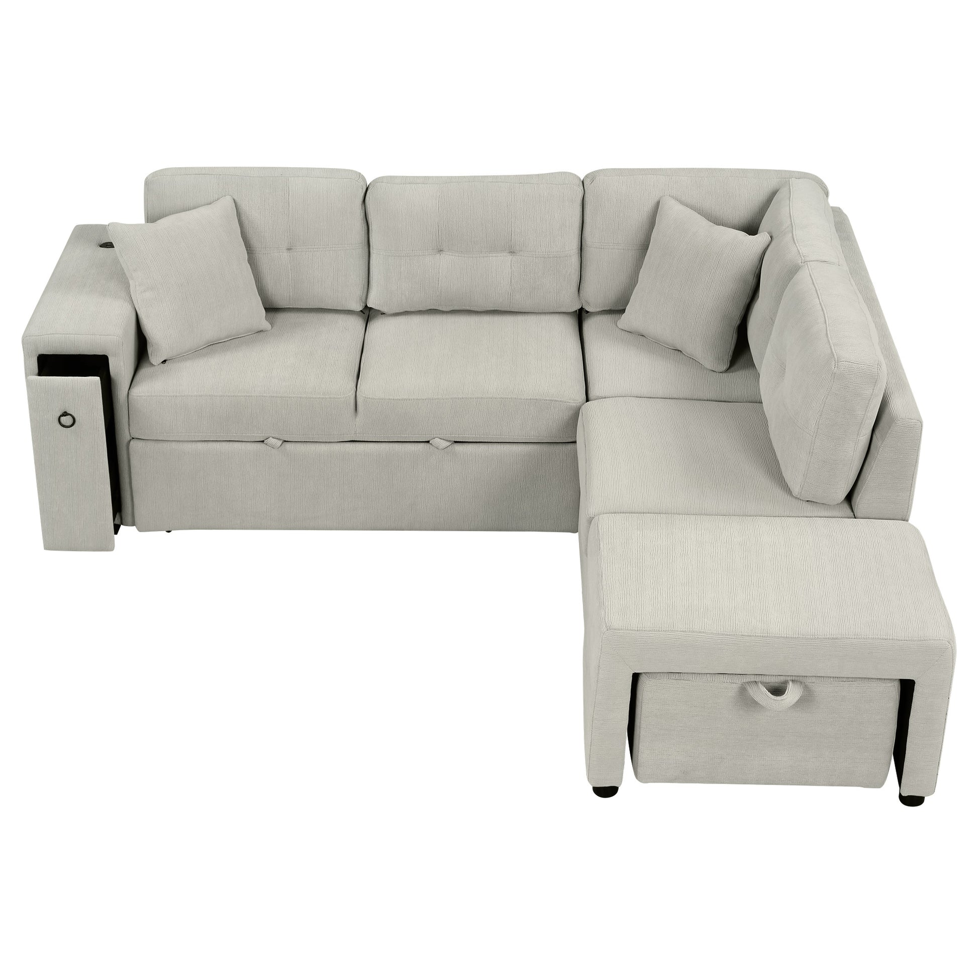 86.6" Sectional Sofa L Shaped Sofa Couch Pull Out Sofa Bed With A Movable Ottoman, Two Usb Ports And Two Cup Holders For Living Room, Gray Grey Foam Chenille 4 Seat