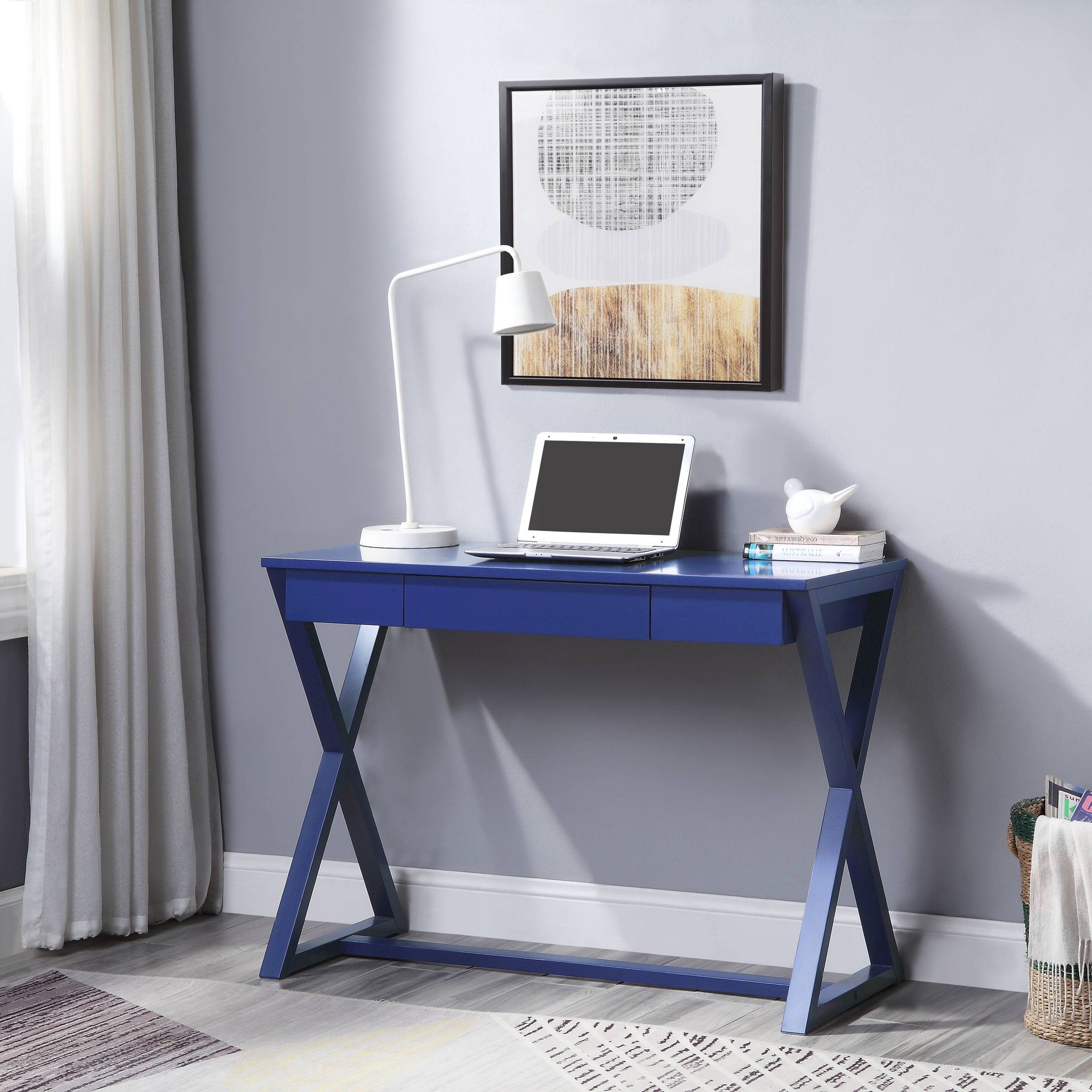 Twilight Blue 1 Drawer Writing Desk With X Shaped Base Blue Writting Desk Office Freestanding Poplar Rectangular Drawers Desk Wood Sled