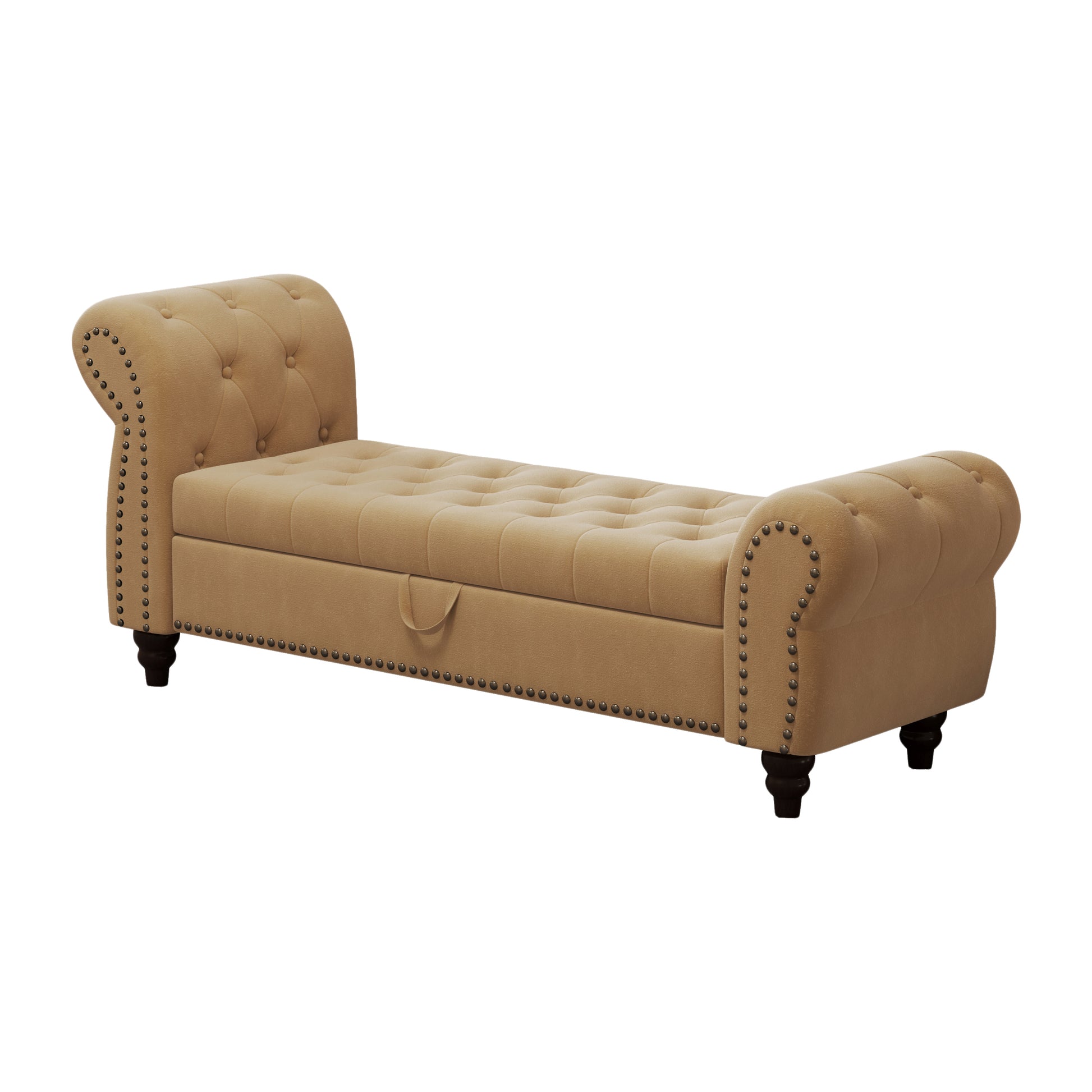 64.5" Bed Bench For Bed Room Nails Tufted Chaise Of Lounge With Storage Velvet Upholstery Khaki Khaki Foam Velvet