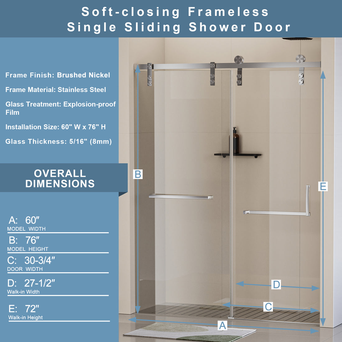 60 In. W X 76 In. H Frameless Soft Closing Shower Door, Single Sliding Shower Door, 5 16" 8Mm Clear Tempered Glass Shower Door With Explosion Proof Film, Brushed Nickel 24D211 60Bn Combo Brushed Nickel Bathroom Tempered Glass