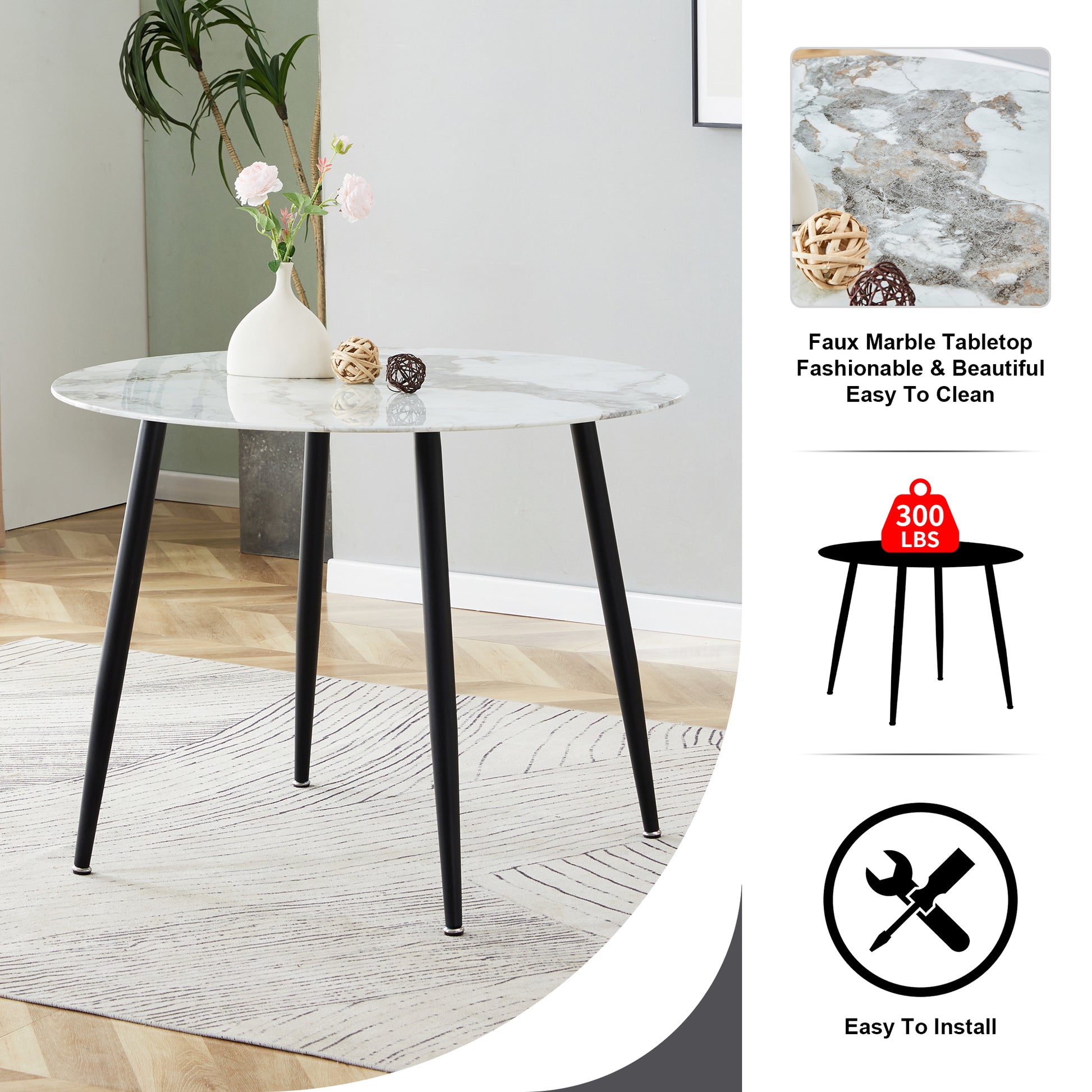 Table And Chair Set. Large Modern White Imitation Marble Patterned Round Table With Black Metal Legs. Nice Minimalism, Comfortable Seats And Black Metal Legs. White Gray Seats 4 Glass Metal