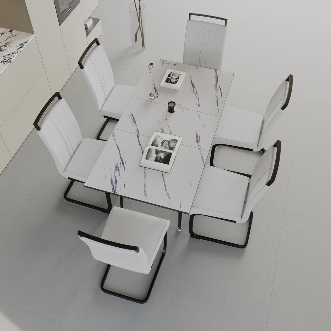 An Expandable Dining Table Set For 2 6 People, Equipped With A C Shaped Tubular Cushioned Armless Dining Chair And An Elegant And Spacious Dining Table Kitchen Table And Chair Set, With Metal Legs White Mdf