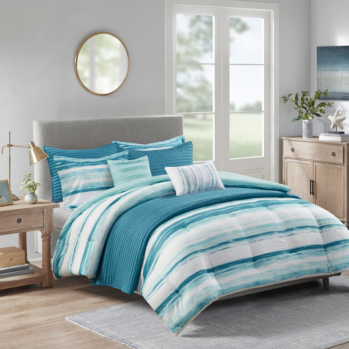 8 Piece Printed Seersucker Comforter And Quilt Set Collection Aqua King Cal King King Aqua Polyester